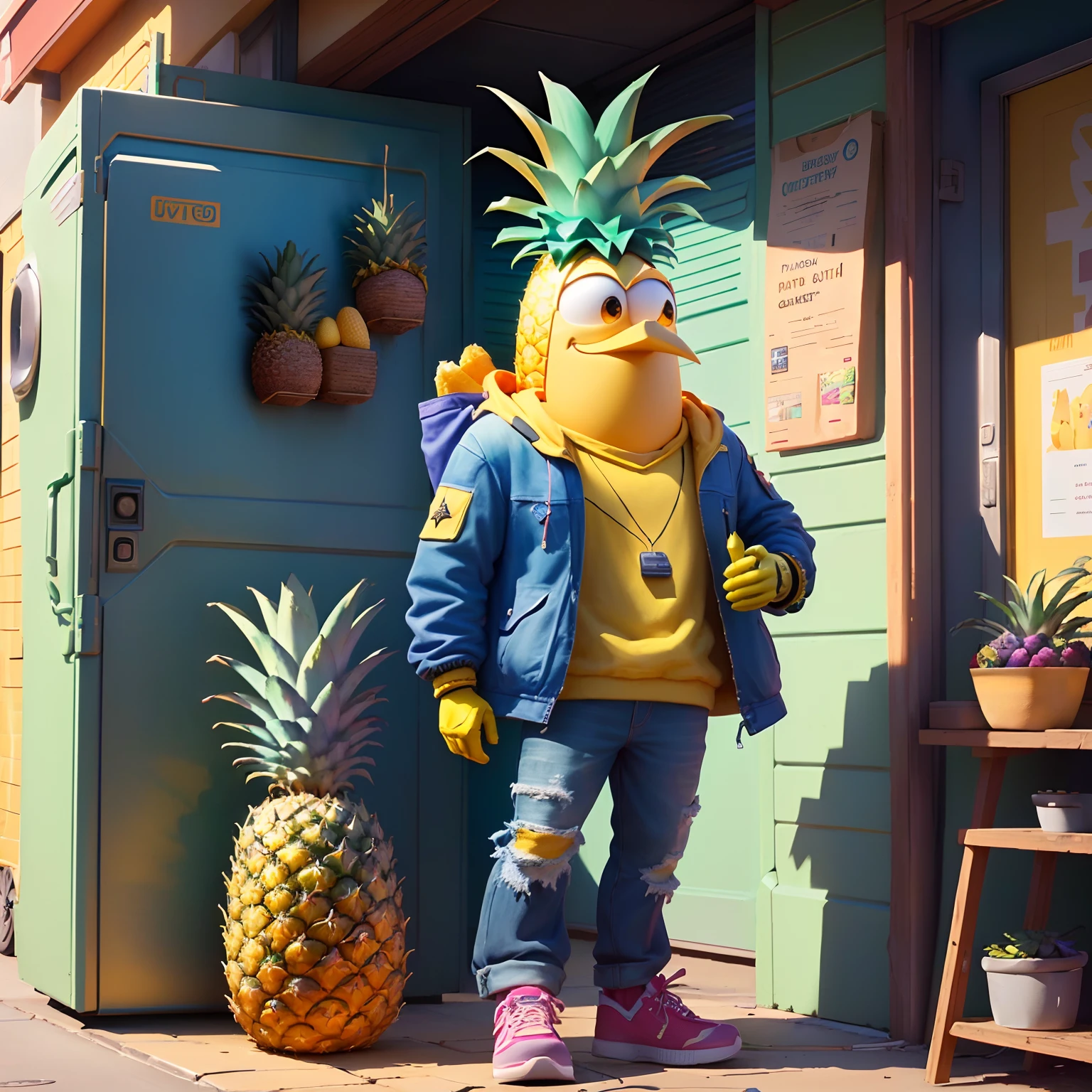 A pineapple, magical, fruit anthropomorphic, wearing a jacket and carrying a mechanical weapon, Pixar animation, Disney animation, funky blind box, OC rendering, ray tracing, high quality, high detail, high resolution, 8k, bust size