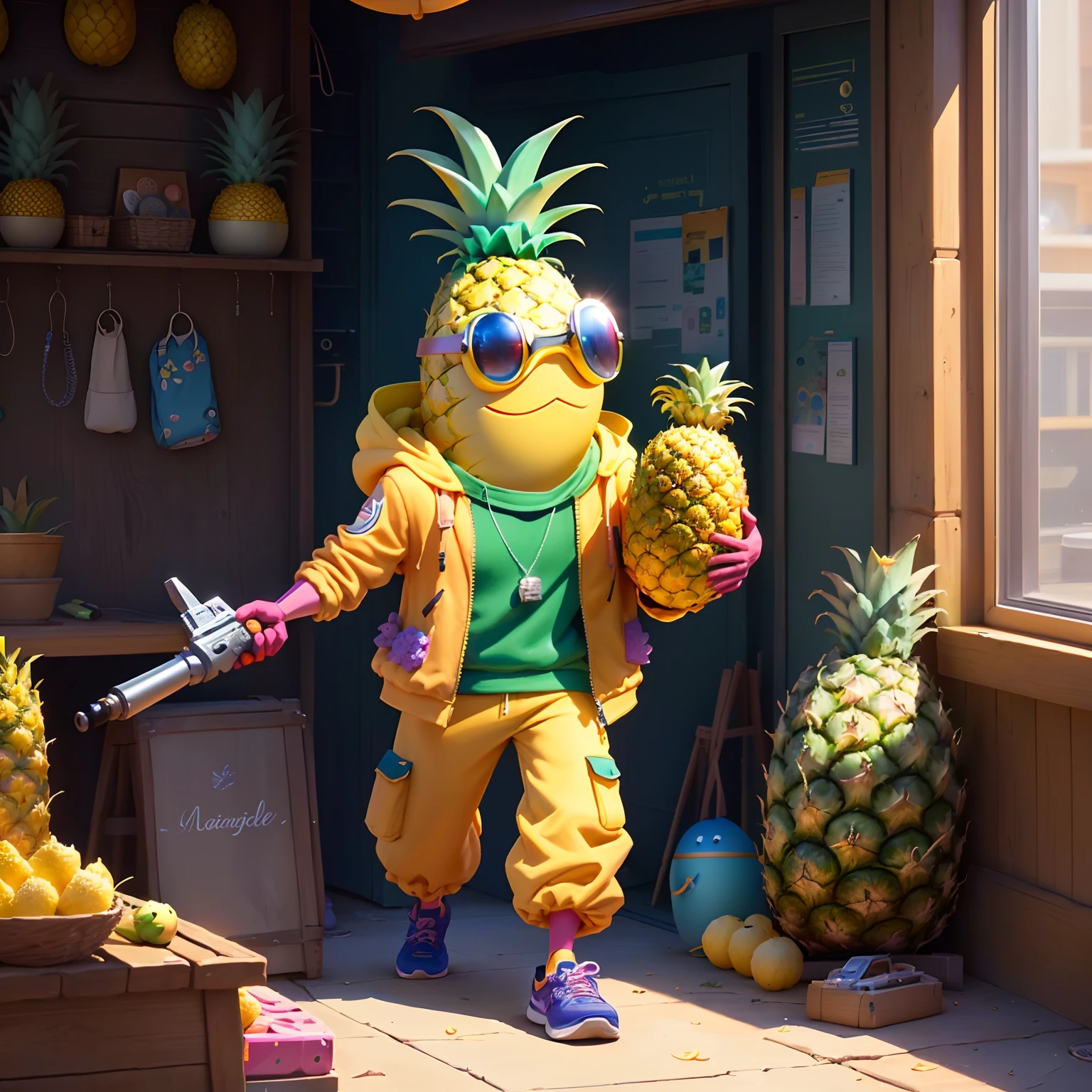 A pineapple, magical, fruit anthropomorphic, wearing a jacket and carrying a mechanical weapon, Pixar animation, Disney animation, funky blind box, OC rendering, ray tracing, high quality, high detail, high resolution, 8k, bust size