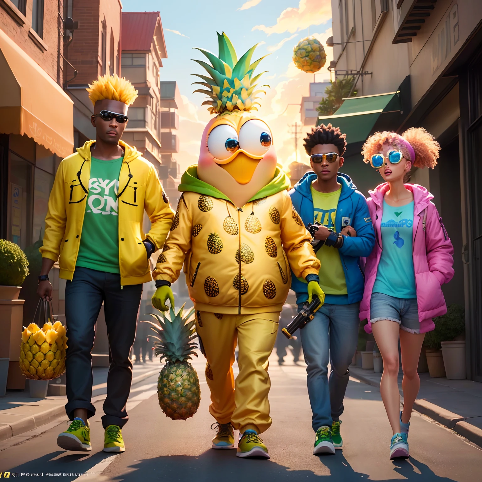 A pineapple, magical, fruit anthropomorphic, wearing a jacket and carrying a mechanical weapon, Pixar animation, Disney animation, funky blind box, OC rendering, ray tracing, high quality, high detail, high resolution, 8k, bust size，this means "Referencing the animated movie 'Minions'."