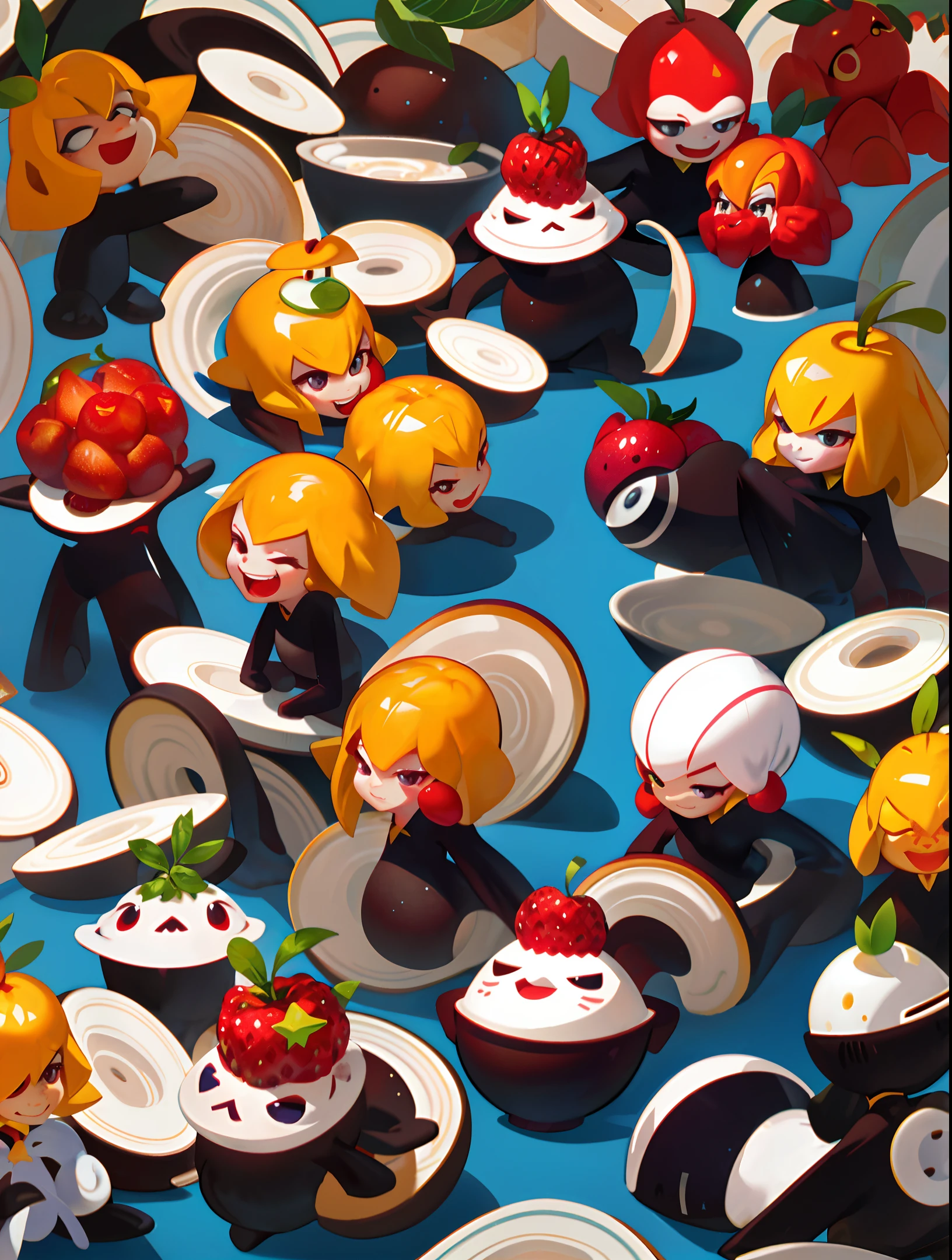 Fruit Flash, fruit head, human body, character design, cartoon style, cool and individual,high quality, high detail, high resolution, showcasing a range of expressions and poses in the same image from multiple angles,8k,bust size