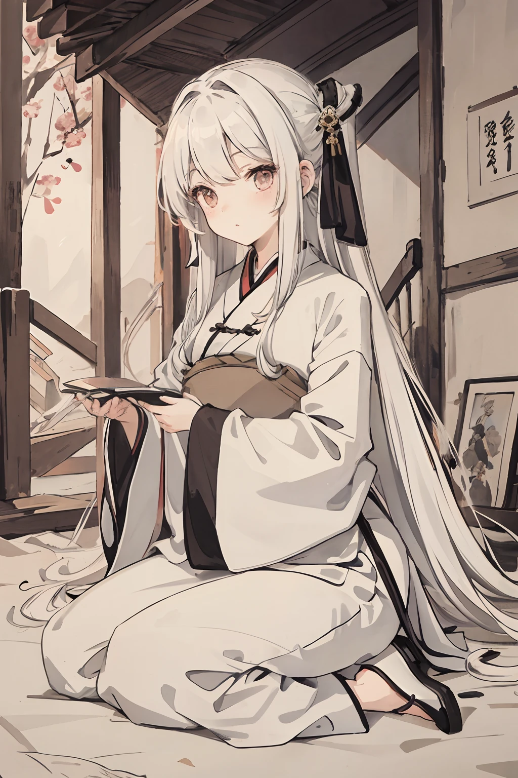 masterpiece, best quality, long hair, girl, white hair,cat,Hanfu,attic