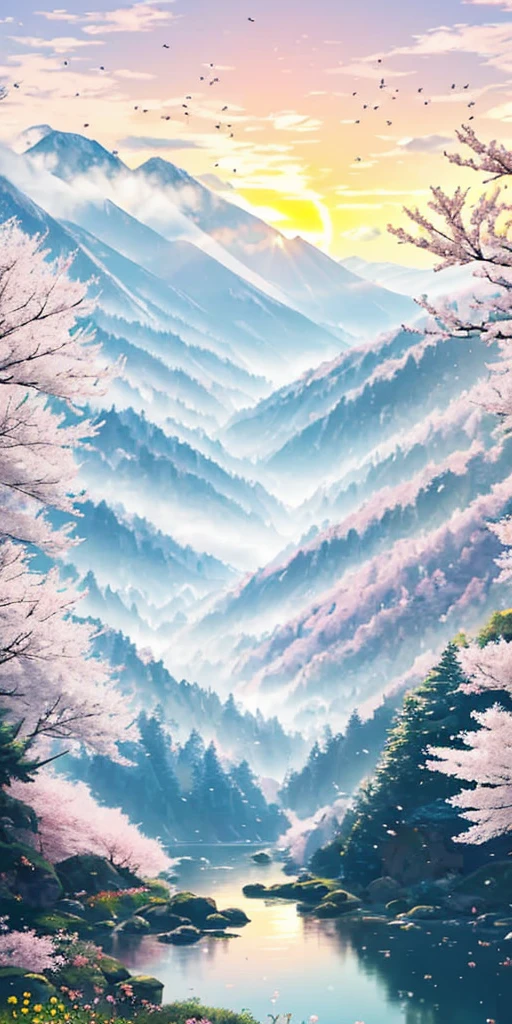 deep forest, distant mountains, flying birds.2D style, bright, vibrant,Cherry blossoms cover the mountainside, and in the distance a sunrise can be seen,A small stream winds its way, and on the bank there are several narcissus flowers