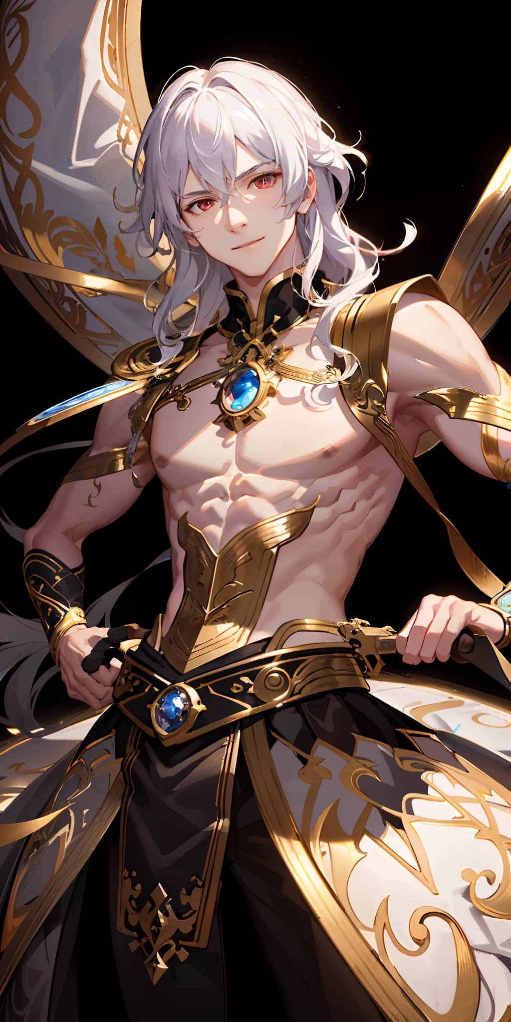 (extremely detailed CG unity 8k wallpaper, masterpiece, best quality),(best illumination, high contrast, and best shadow), a confident and charming, thin and muscular male with a striking appearance, curly white hair, red eyes, and a captivating smile, exuding the confidence of a bard with an inexplicable yet intriguing charm.