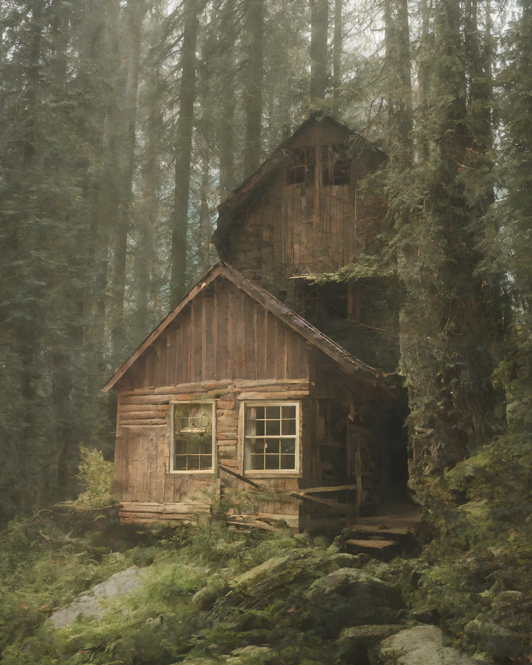 classicnegative photo, wooden building,rock, sunlight, fantasy, 1970s dark fantasy movie, haze, halation, bloom, dramatic atmosphere, centred, rule of thirds