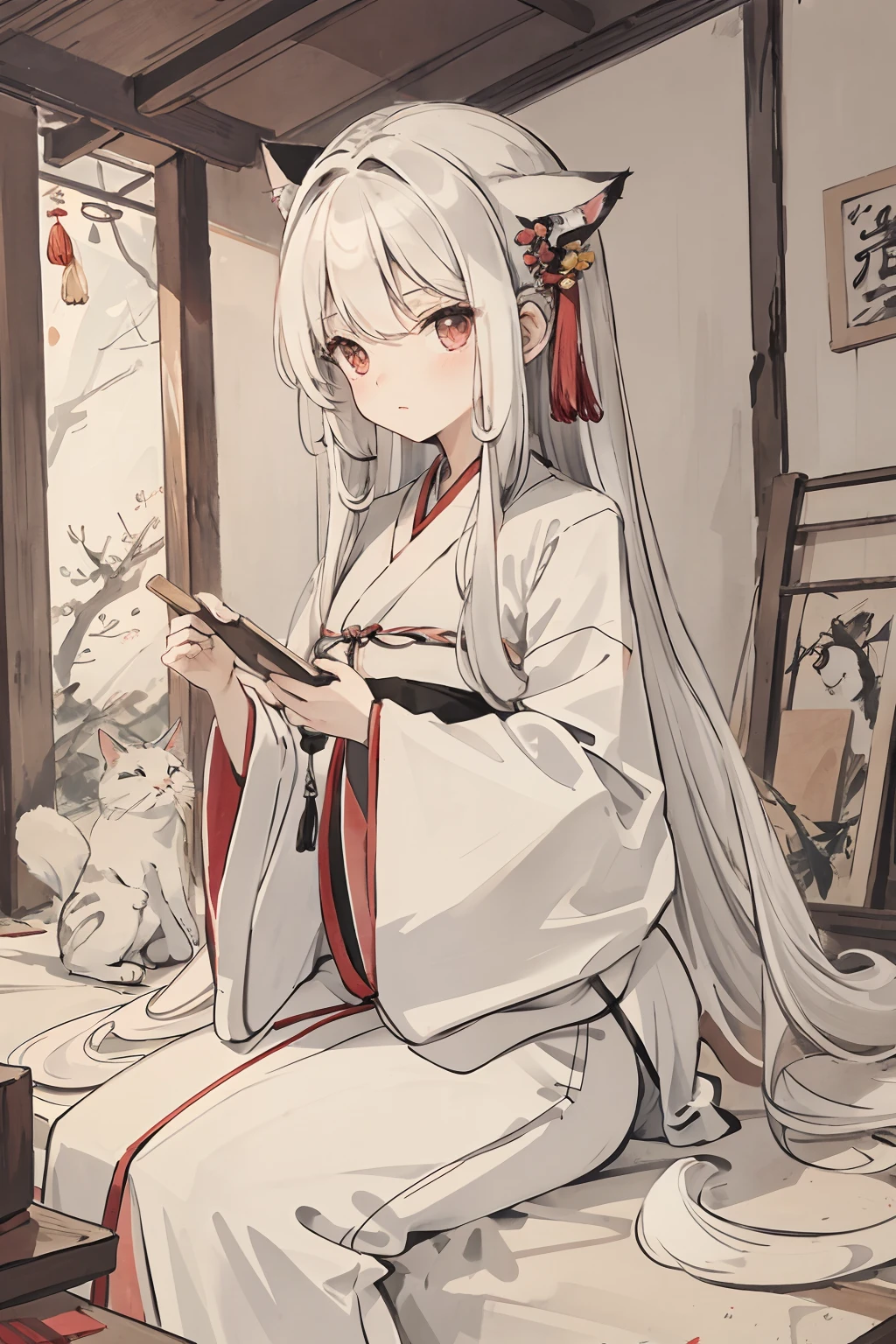 masterpiece, best quality, long hair, girl, white hair,cat,Hanfu,attic