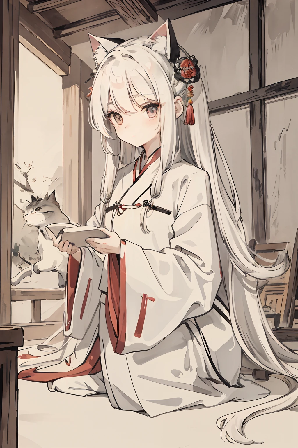 masterpiece, best quality, long hair, girl, white hair,cat,Hanfu,attic,masterpiece, best quality, long hair, girl, white hair,Hanfu,attic,