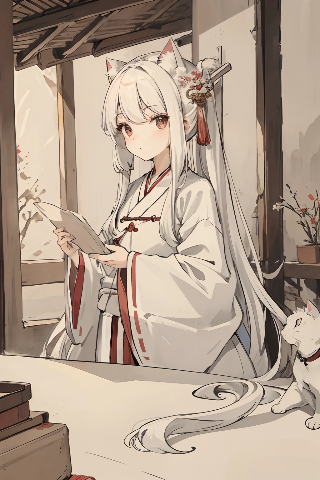 masterpiece, best quality, long hair, girl, white hair,cat,Hanfu,attic,masterpiece, best quality, long hair, girl, white hair,Hanfu,attic,