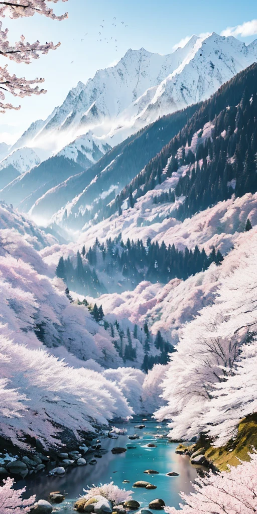 deep forest, distant mountains, flying birds.2D style, bright, vibrant,Cherry blossoms cover the mountainside, and in the distance a sunrise can be seen,A small stream winds its way, and on the bank there are several narcissus flowers,Sunrise