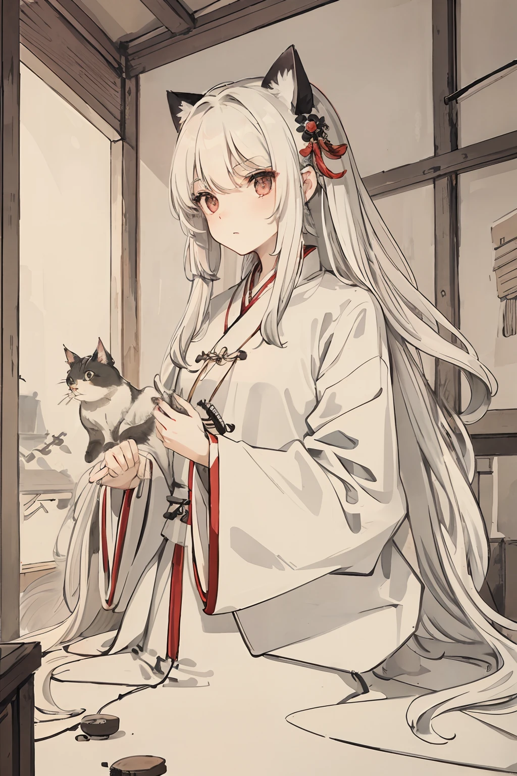 masterpiece, best quality, long hair, girl, white hair,cat,Hanfu,attic,masterpiece, best quality, long hair, girl, white hair,Hanfu,attic,