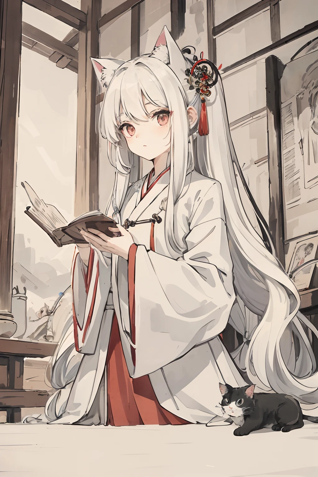 masterpiece, best quality, long hair, girl, white hair,cat,Hanfu,attic,masterpiece, best quality, long hair, girl, white hair,Hanfu,attic,