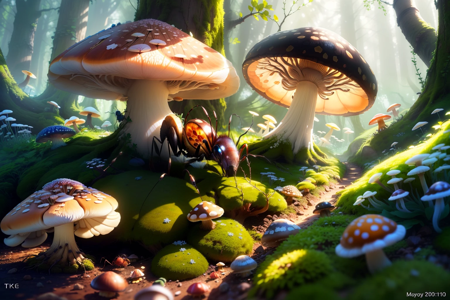 (Ants) crawl beside (mushrooms), small (stones) and (leaves) lie nearby, (moss) grows on the (soil), with (sunlight) shining through the (branches) and creating dappled patterns on the ground. Under a (microscopic lens), ,tk-char, multiple views of the same crowd scene,award-winning graphics,final fantasy, Masterpiece, highly detailed, 8k, rtx, Unreal Engine,scene concept art