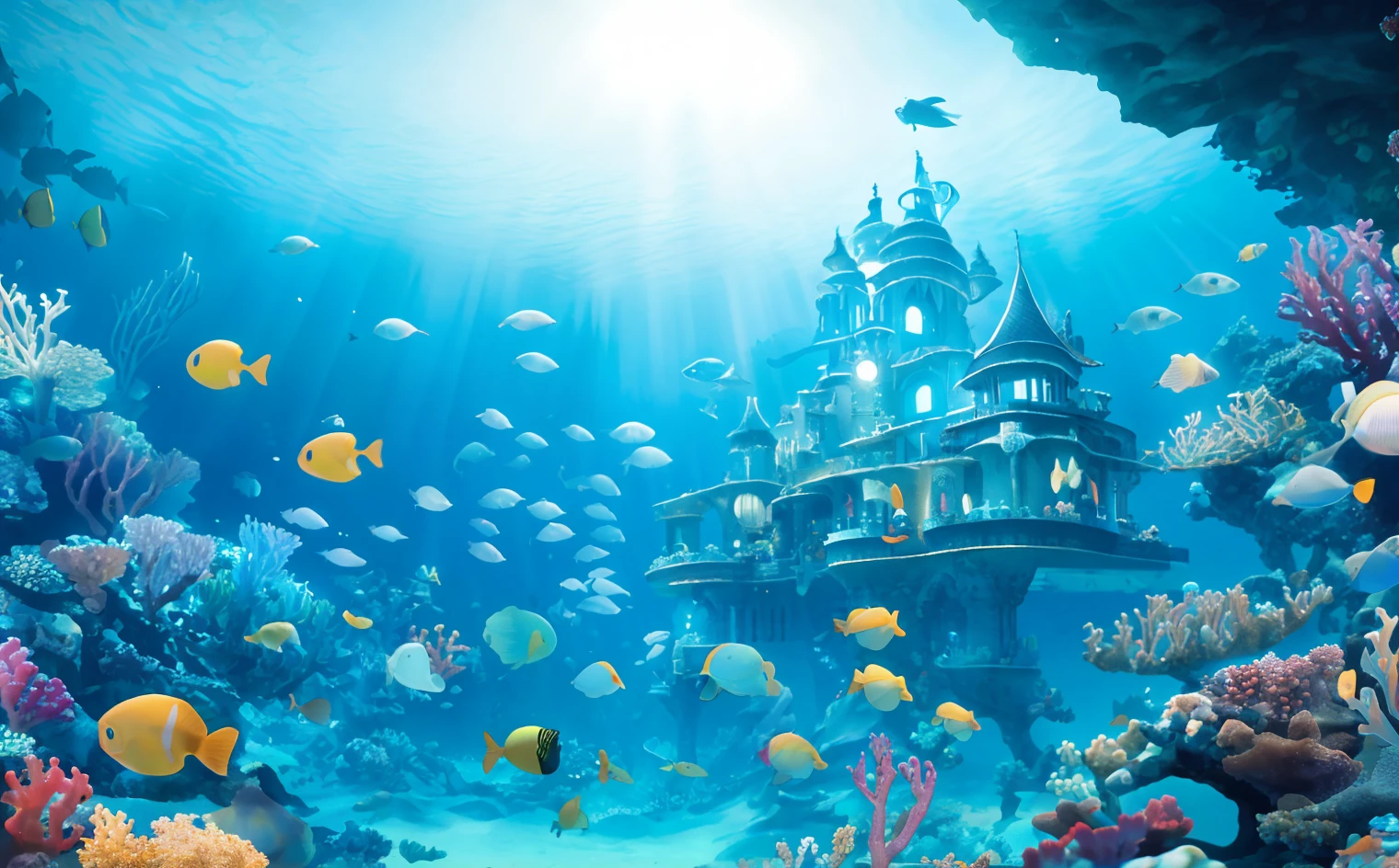 ((under the sea)), a palace under the ocean, ((masterpiece)),scene, game, mysterious, hidden, pixel