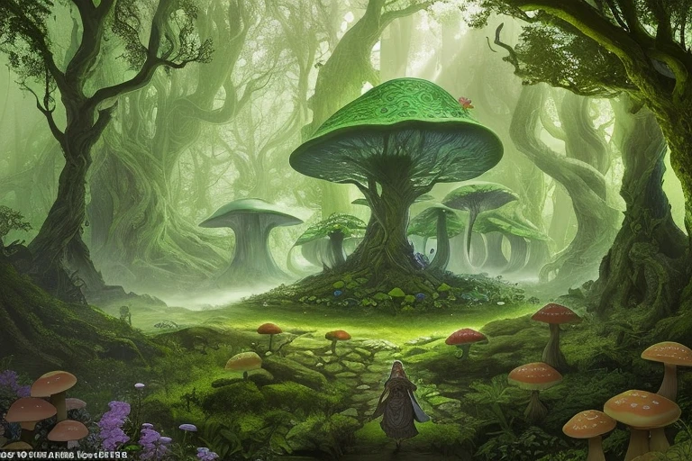 An enchanting elven forest, shrouded in mystic fog and warm sunlight, filled with vibrant flora and fauna, beckons you to explore its hidden wonders.A surreal landscape with giant mushrooms and intricate architecture