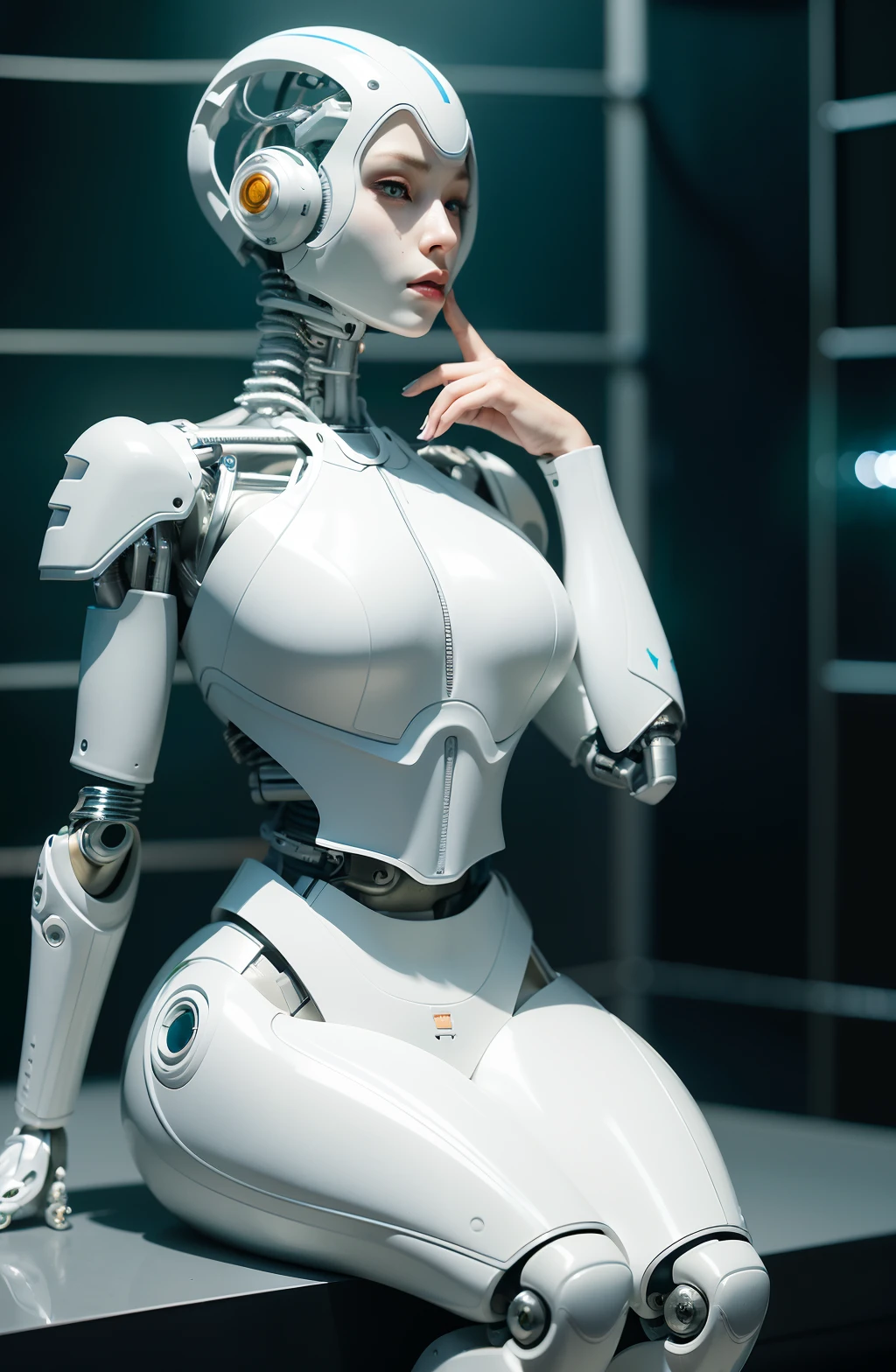 complex 3d render ultra detailed of a beautiful porcelain profile woman android face, cyborg, robotic parts, 150 mm, beautiful studio soft light, rim light, vibrant details, luxurious cyberpunk, lace, hyperrealistic, anatomical, facial muscles, cable electric wires, microchip, elegant, beautiful background, octane render, H. R. Giger style, 8k, best quality, masterpiece, illustration, an extremely delicate and beautiful, extremely detailed ,CG ,unity ,wallpaper, (realistic, photo-realistic:1.37),Amazing, finely detail, masterpiece,best quality,official art, extremely detailed CG unity 8k wallpaper, absurdres, incredibly absurdres, robot, silver halmet, full body, sitting