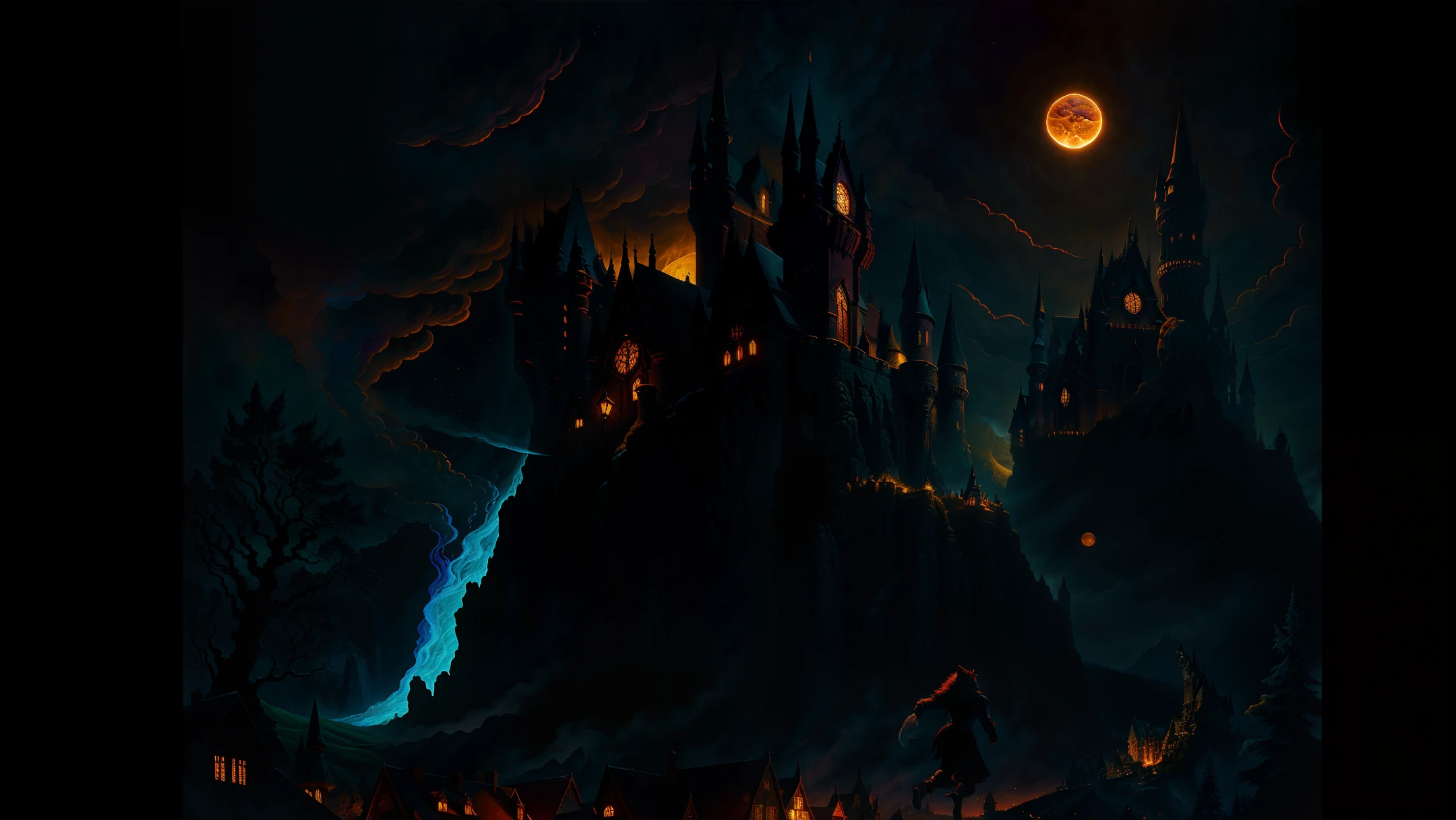(masterpiece), best quality, ultra high res,The werewolf is running, the witch is flying in the sky, and the vampire is hiding in the dark,night, outside the castle,(painted by Moebius),David Lynch's image style,golden ratio,details aesthetic octane render excellent composition natural textures 8k oil paining masterpiece canon eos r4s 50