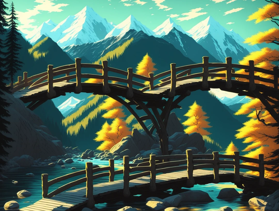 hestyle wooden bridge, and small river with trees and mountain
