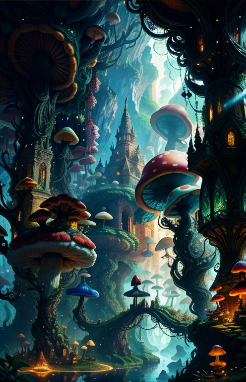 It's a surreal scene, where giant mushrooms and intricate architecture interweave, illuminated by soft and mysterious lighting that highlights every exquisite detail, lending an adventurous quality to the scene. In the midst of the giant vines, there is a cave to be explored, with more secrets waiting to be discovered. The entire scene is brightly toned, giving the impression of a daytime setting.