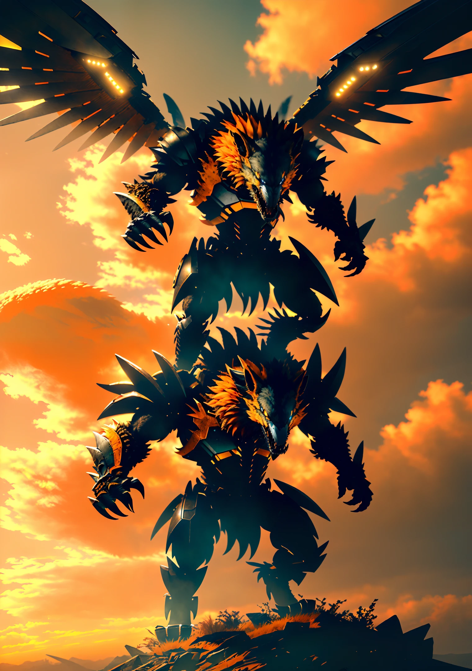masterpiece, best quality, (extremely detailed 8k wallpaper),(Wearing a full set of plate armor, a ferocious werewolf stands tall and proud, baring its razor-sharp fangs and claws, a force to be reckoned with),((floating, ultra-detailed CG artwork)), master quality, best illumination, dynamic angle, ((standing figure), dusty terrain, desolate atmosphere, vast sky, wide shot, orange-yellow hue), gritty, textured, windswept. intricate, high detail, dramatic