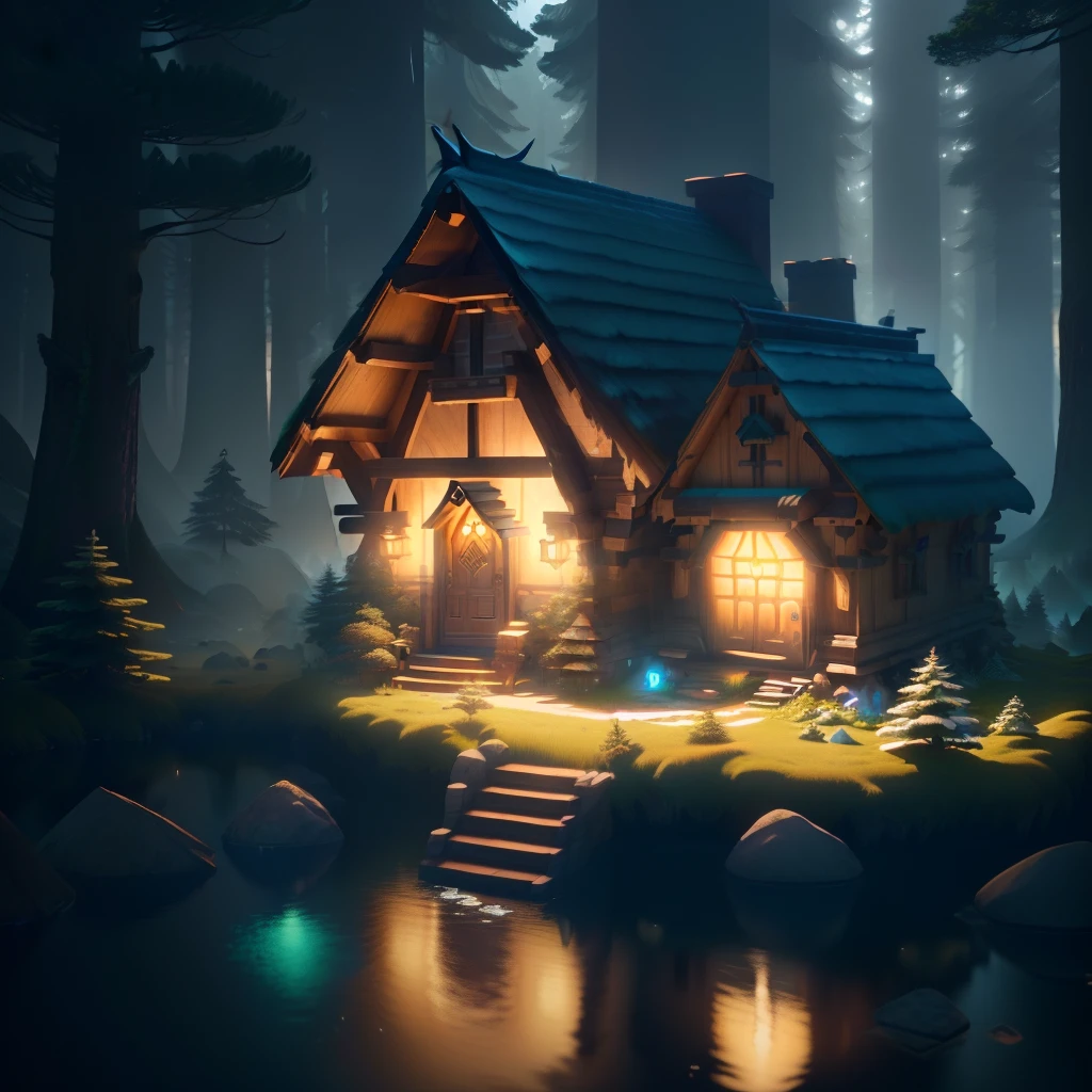 masterpiece, best quality, (extremely detailed CG unity 8k wallpaper), (best quality), (best illustration), (best shadow),a quiet (elf house) in the deep forest, with a predominantly (cool color tone), isometric 3D, octane render,ray tracing,ultra detailed