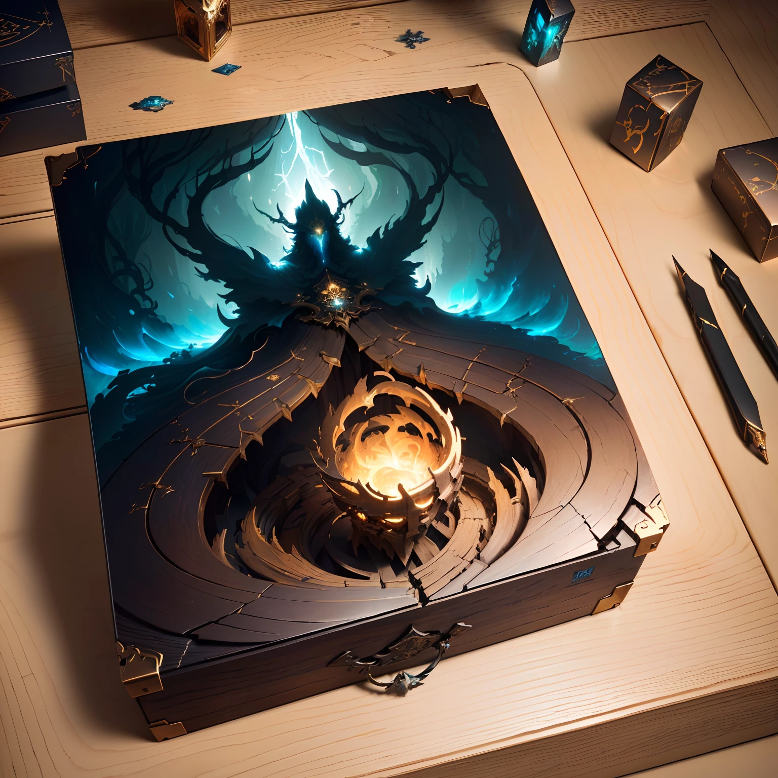 masterpiece, best quality, (extremely detailed CG unity 8k wallpaper), (best quality), (best illustration), (best shadow), absurdres, realistic lighting, (Abyss), 
（gift box） with （wood texture）, art by PeterMohrBacher,