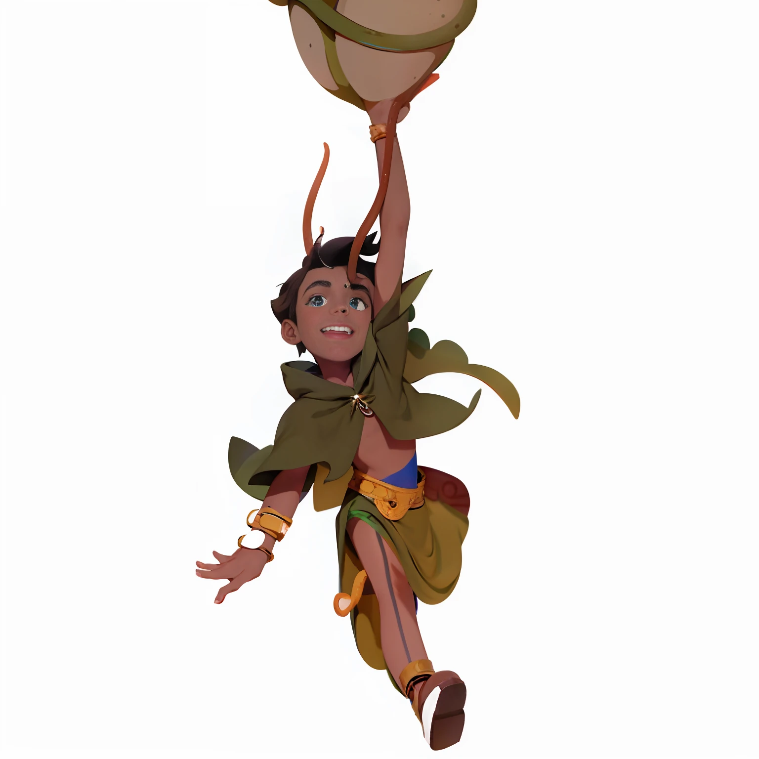 A Disney-inspired cartoon character with black hair, brown skin, green clothes, a cloak, and blue eyes,They have tentacles on their forehead