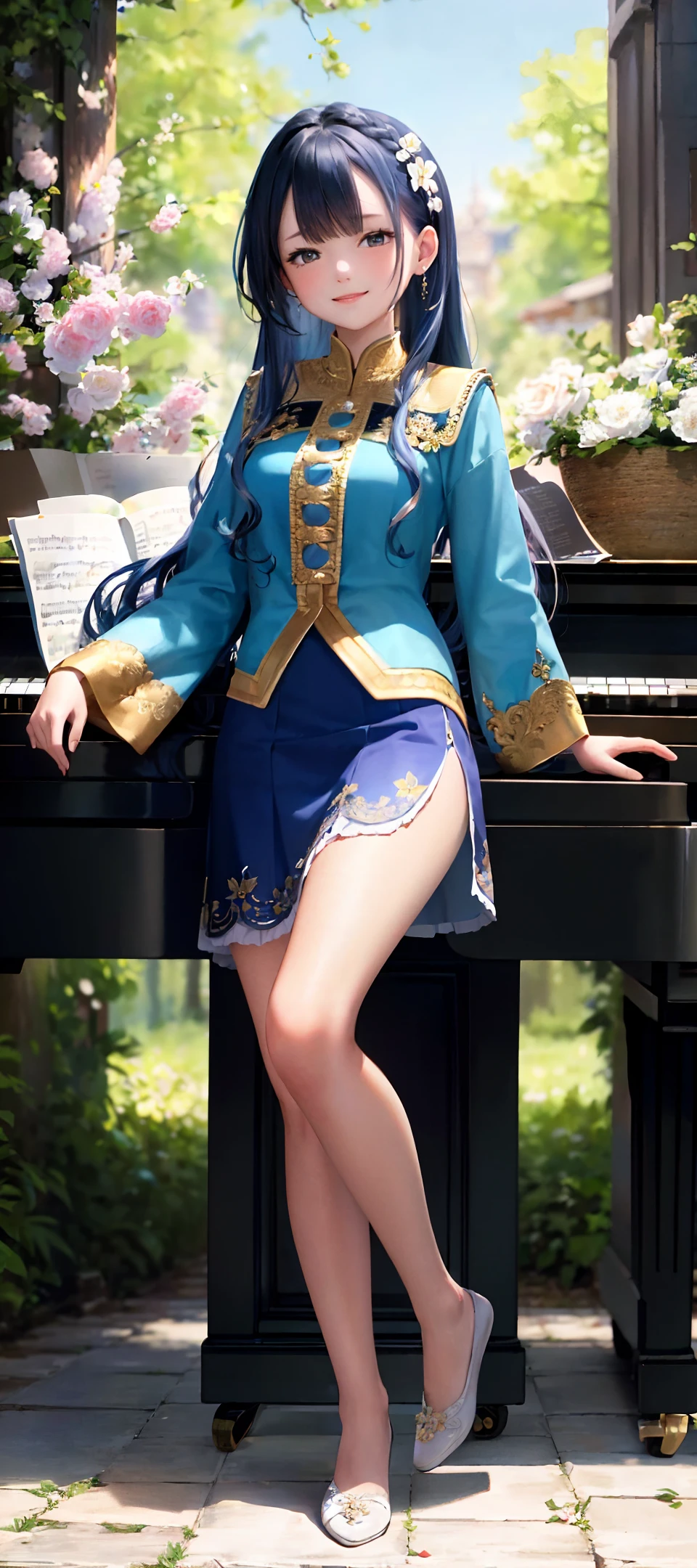 8k,((masterpiece,ultra-detailed, intricate details, mid quality,illustration)),1girl, solo, highres, looking at viewer, blue hair, long hair, Waves roll, smiling, wearing t-shirt, wearing long White stockings,wearing Short skirt,street, cherry tree, petals falling,play the piano,sunlight shining through, solar system,feminine, empowered, beautiful, detailed,wide shot,nude,cry