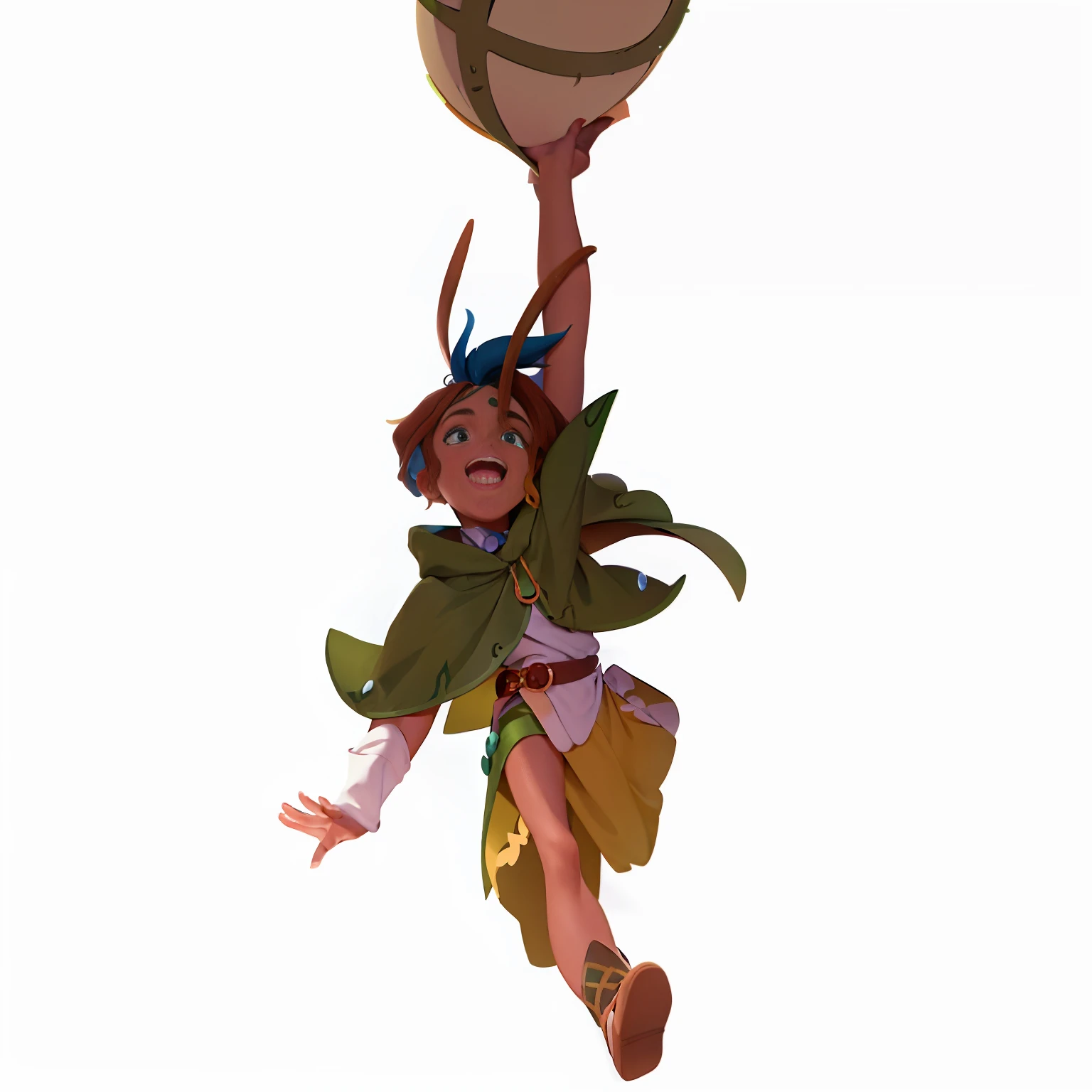 A Disney-inspired cartoon character with golden hair, brown skin, green clothes, a cloak, and blue eyes.,They have tentacles on their forehead