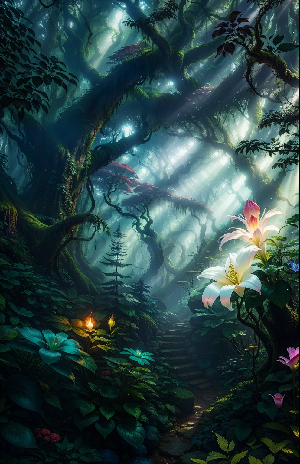 An enchanting elven forest, shrouded in mystic fog and warm sunlight, filled with vibrant flora and fauna, beckons you to explore its hidden wonders.