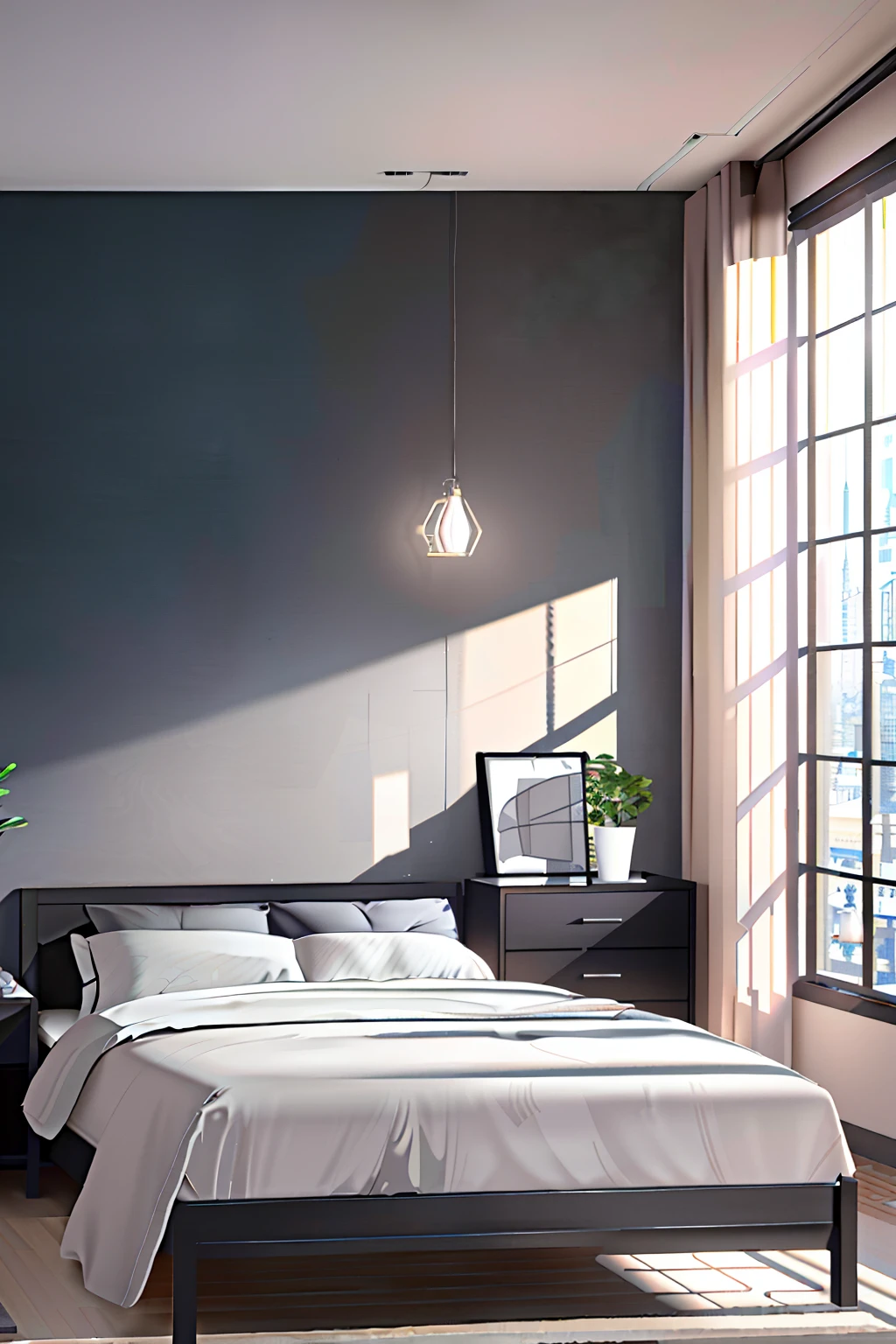 (extremely detailed CG unity 8k wallpaper, masterpiece, best quality, ultra-detailed), minimalistic decoration style, high resolution, bedroom, (decorative drawings, reference drawings), clean and elegant ambiance, wide shot.