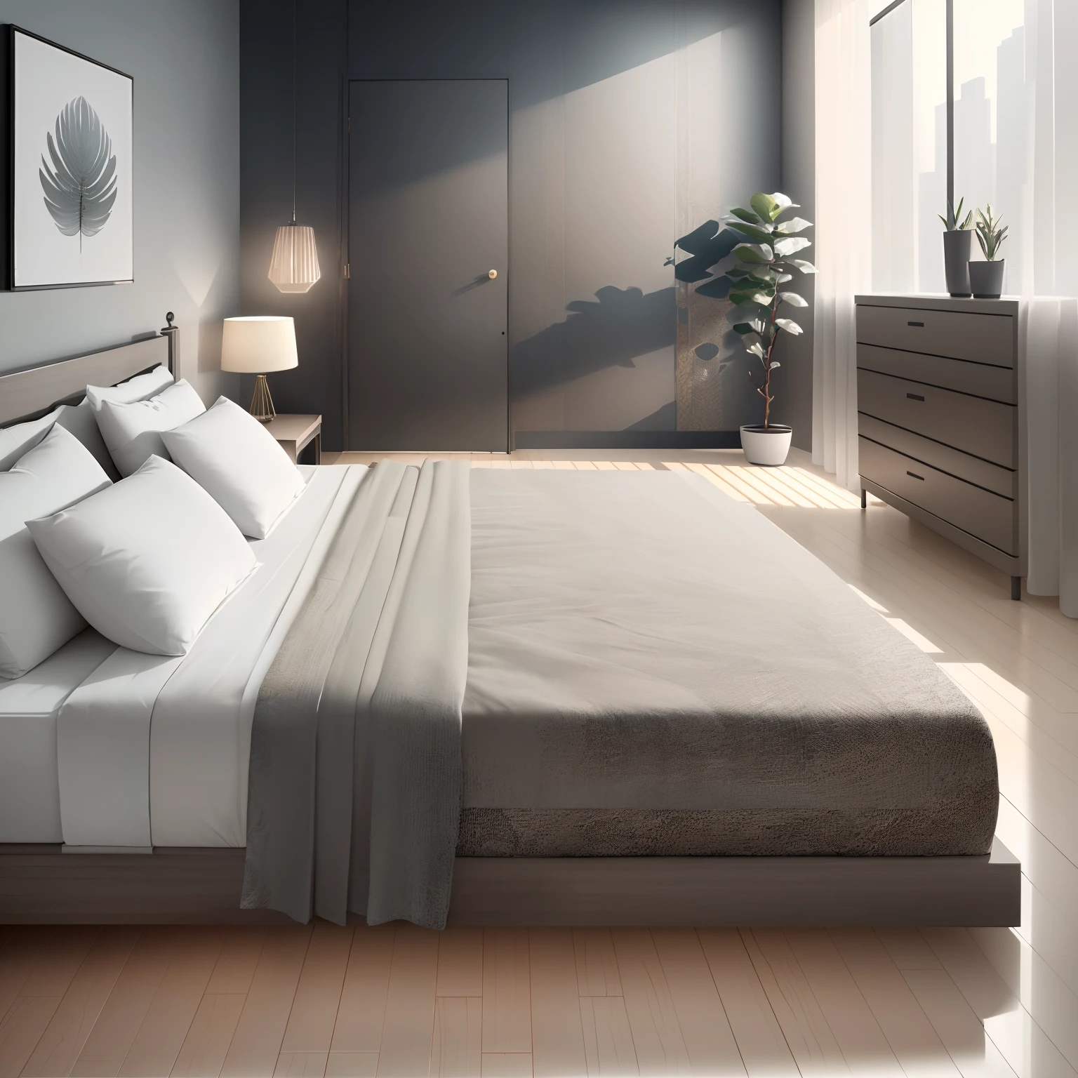 (extremely detailed CG unity 8k wallpaper, masterpiece, best quality, ultra-detailed), minimalistic decoration style, high resolution, bedroom, (decorative drawings, reference drawings), clean and elegant ambiance, wide shot.