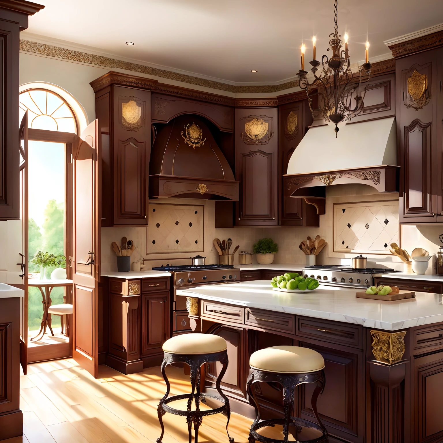 European style kitchen with intricate interior decoration details and beautifully designed drawings for decoration.