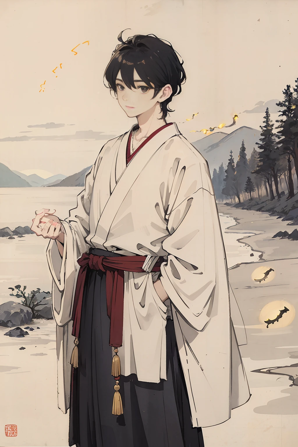 masterpiece, best quality, night, hill, clouds, full moon, very short hair, a man with big pecs,fireflies.ancient style,Oriental