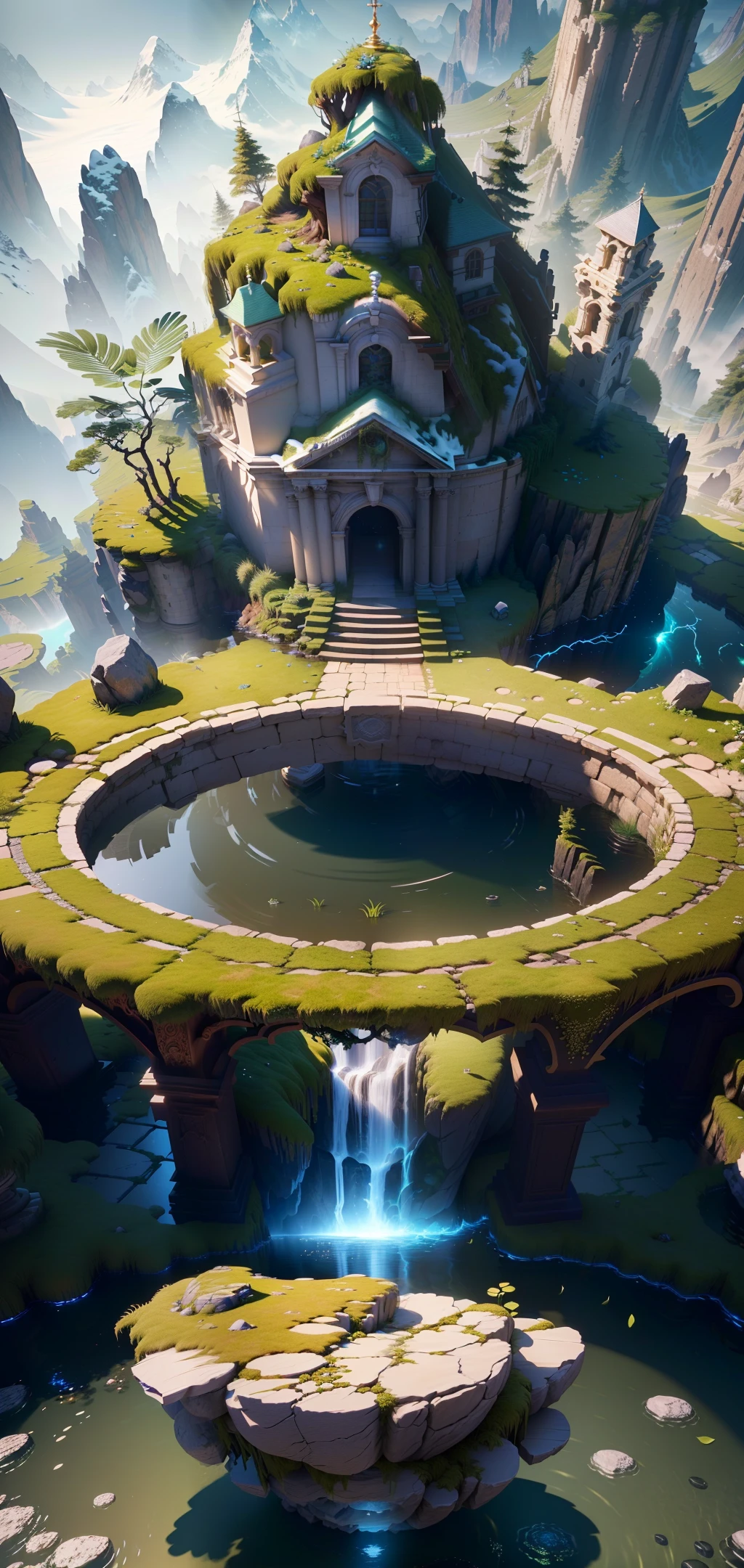 Masterpiece, best quality, (extremely detailed CG unified 8k wallpaper), (best quality), (best illustration), (best shadow), a circular stone platform with damage, a small amount of moss, isometric 3D, octane rendering, ray tracing, ultra detailed
