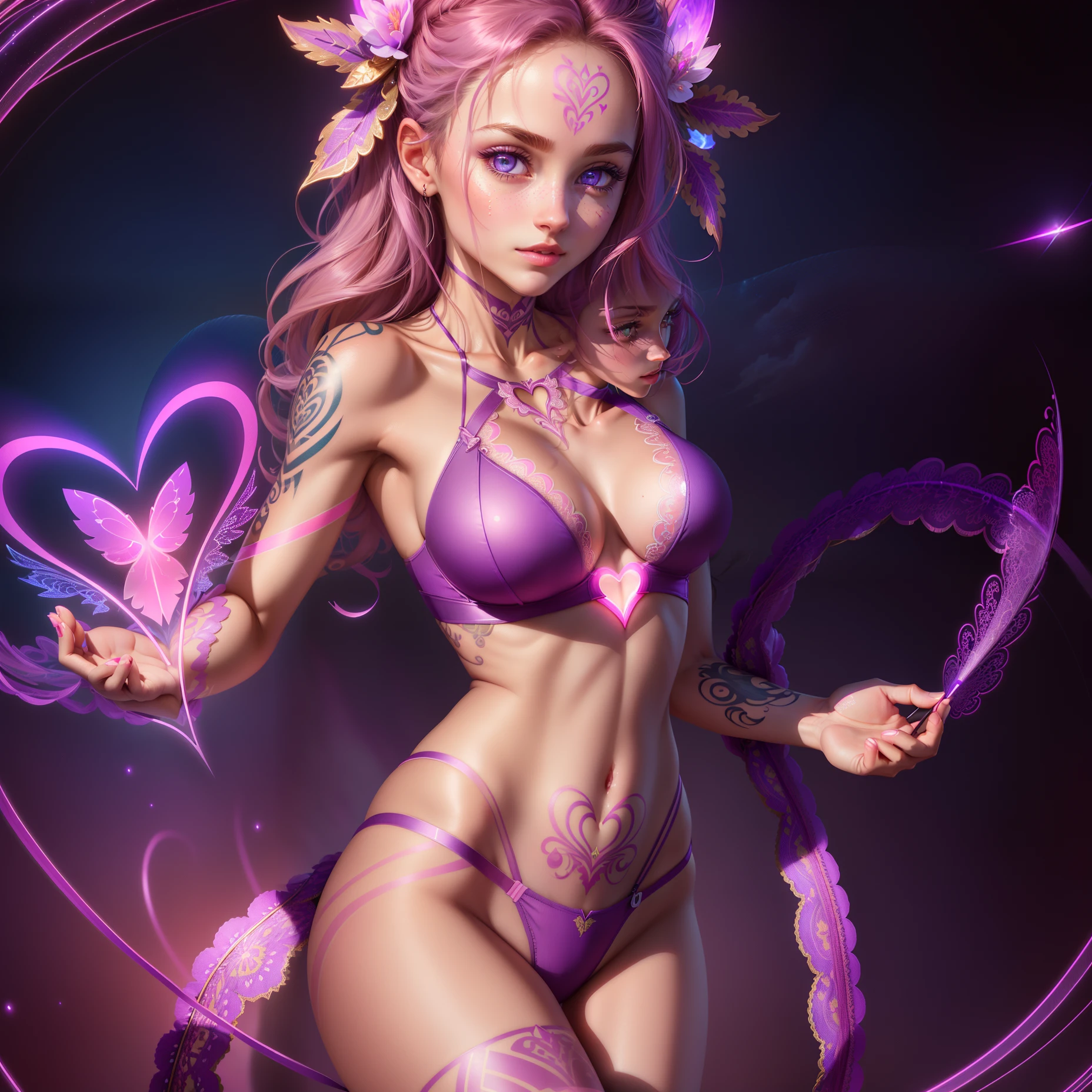 ((ultra-detailed CG artwork, masterpiece, high quality)), glowing purple lines on abdomen, glowing abdomen, full body tattoos, lacy lingerie, enlarged breasts, Z-cup size, stripes and cloud patterns on tattoos, pink lines on chest, swimsuit, heart-shaped pupils with mist around mouth, seductive gaze, pink background, nudity.