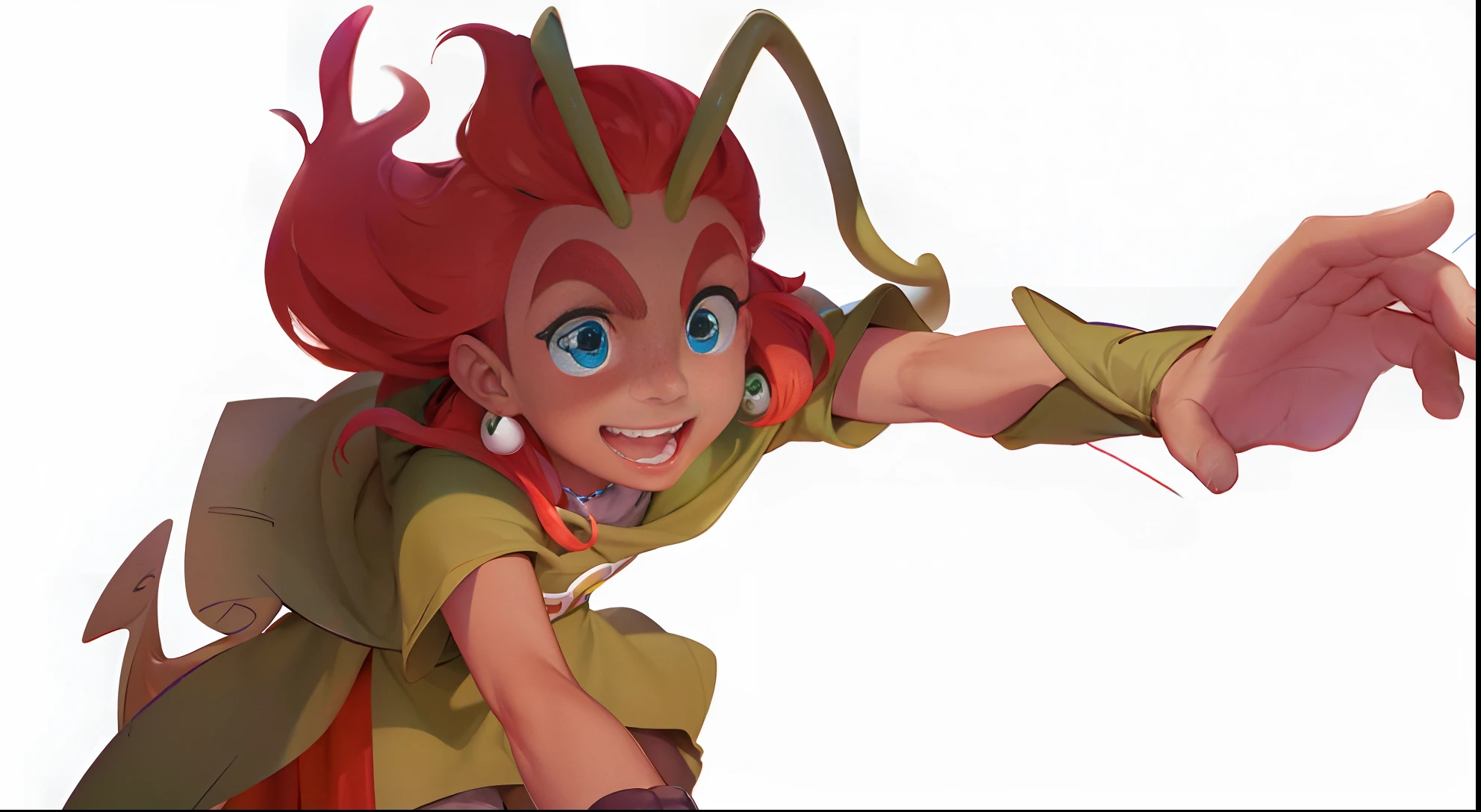 A Disney-inspired cartoon character with red hair, brown skin, green clothes, a cloak, and blue eyes.,They have tentacles on their forehead