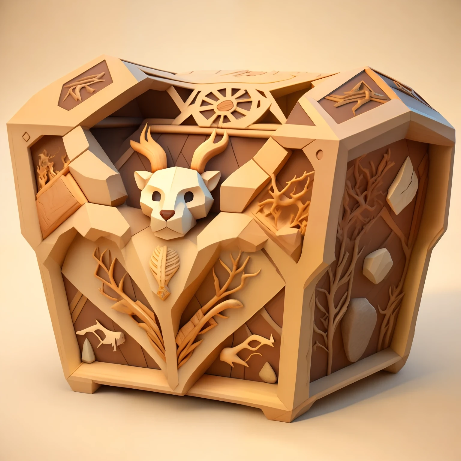 (An extremely detailed and lifelike isometric chest design, with a cartoony RPG-style featuring a primitive man theme, perfect illumination and shadowing effects, using elements of animal bones, stones, and wood to create a realistic primitive world, inspired by the game "Crazy Primitive)