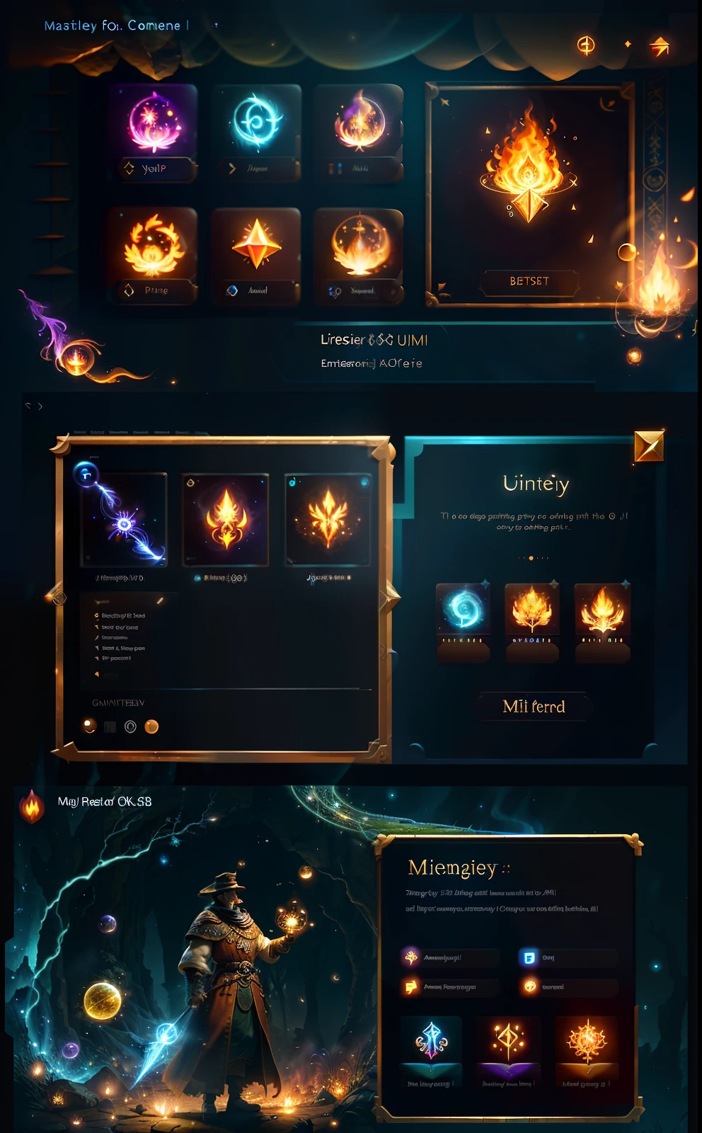 masterpiece, best quality,3D, (extremely detailed CG unity 8k wallpaper), (best quality), (best illustration), (best shadow)(((UI interface design))), (simple), (medieval Europe theme), (user-friendly), (magic theme), (fireflies), (magic circle), (runes), (lightning, wind, fire natural elements), (layout hierarchy), (custom controls), (clear), (intuitive), (user experience).