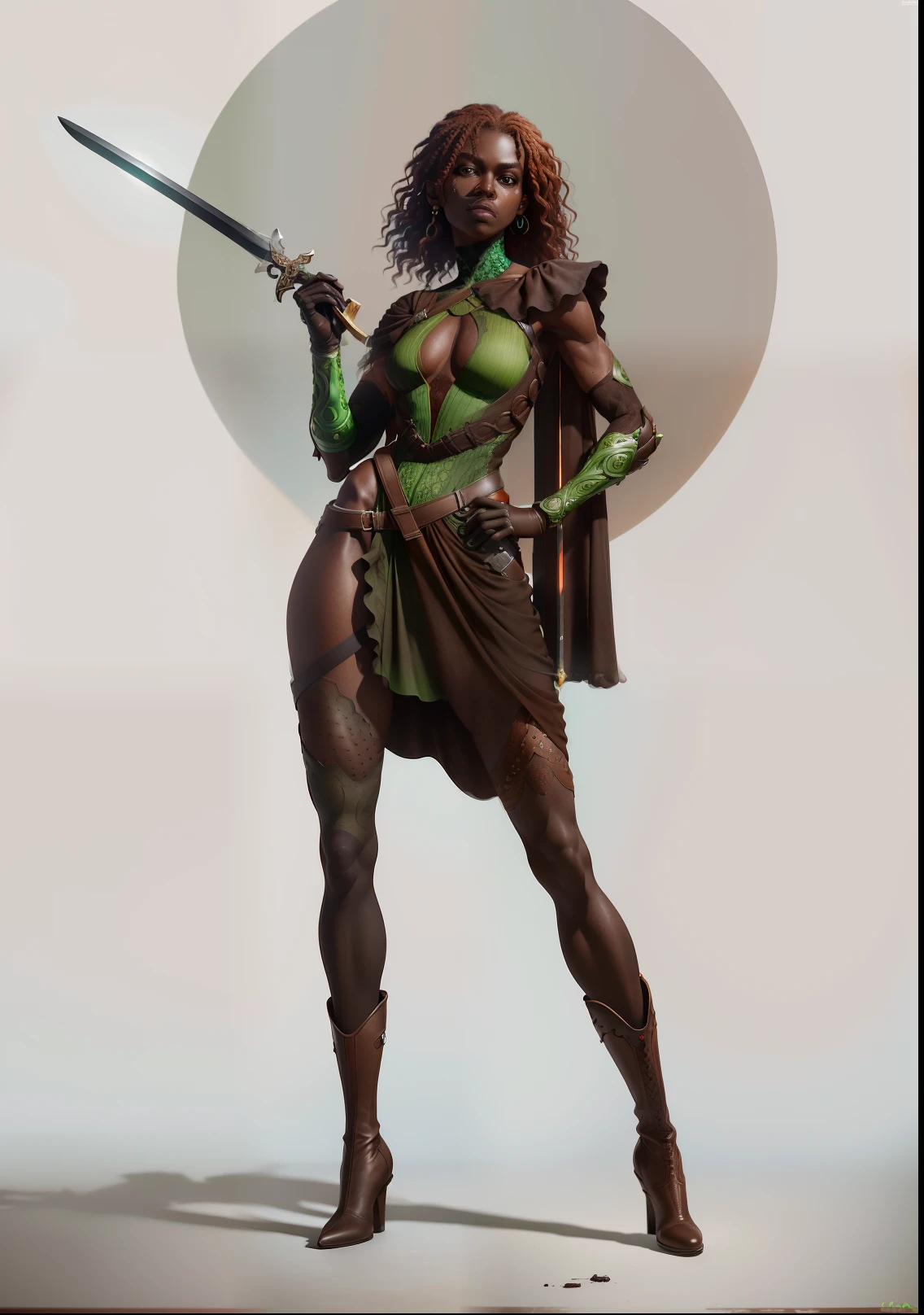 raw photograph, ultra detailed photrealistic, a woman in a green and black bodysuit holding a sword, (dark brown skin:1.5), red hair, dress, boots, black gloves, looking at viewer, simple background, standing, 8k, best quality, masterpiece, an extremely delicate and beautiful, extremely detailed, (realistic, photo-realistic:1.37), full body