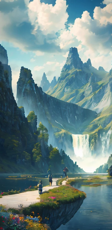 masterpiece, best quality, high quality, extremely detailed CG unity 8k wallpaper, scenery, outdoors, sky, cloud, day, no humans, mountain, landscape, water, tree, blue sky, waterfall, cliff, nature, lake, river, cloudy sky,award winning photography,pastoral,farming, Bokeh, Depth of Field, HDR, bloom, Chromatic Aberration ,Photorealistic,extremely detailed, trending on artstation, trending on CGsociety, Intricate, High Detail, dramatic, art by midjourney