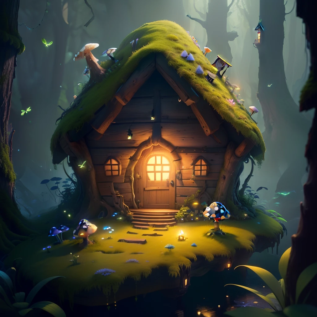 masterpiece, best quality, (extremely detailed CG unity 8k wallpaper), (best quality), (best illustration), (best shadow), A mushroom house covered with moss,firefly,wtarlight surrounds the room,petal, isometric 3D, octane render,ray tracing,ultra detailed,