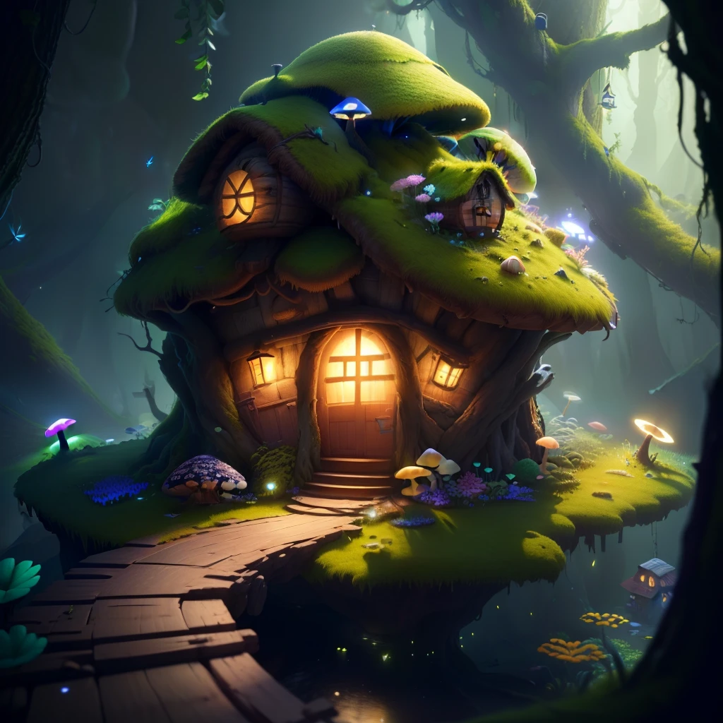 masterpiece, best quality, (extremely detailed CG unity 8k wallpaper), (best quality), (best illustration), (best shadow), A mushroom house covered with moss,firefly,wtarlight surrounds the room,petal, isometric 3D, octane render,ray tracing,ultra detailed,