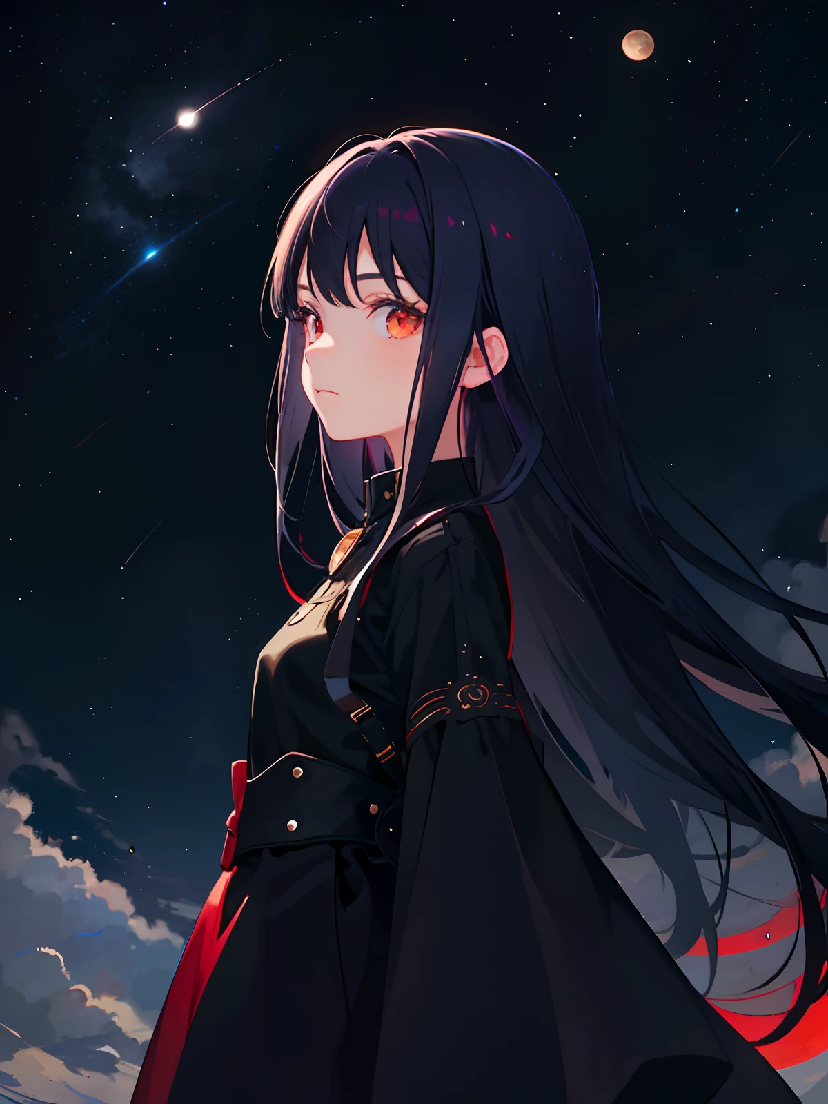 1girl,12 years old,solo, red moon, moon, long hair, looking at viewer, green eyes, bangs, upper body, full moon, closed mouth, night, sky, star (sky), black hair, from side, breasts, looking to the side, night sky, blue hair, starry sky, eyelashes,red eyes