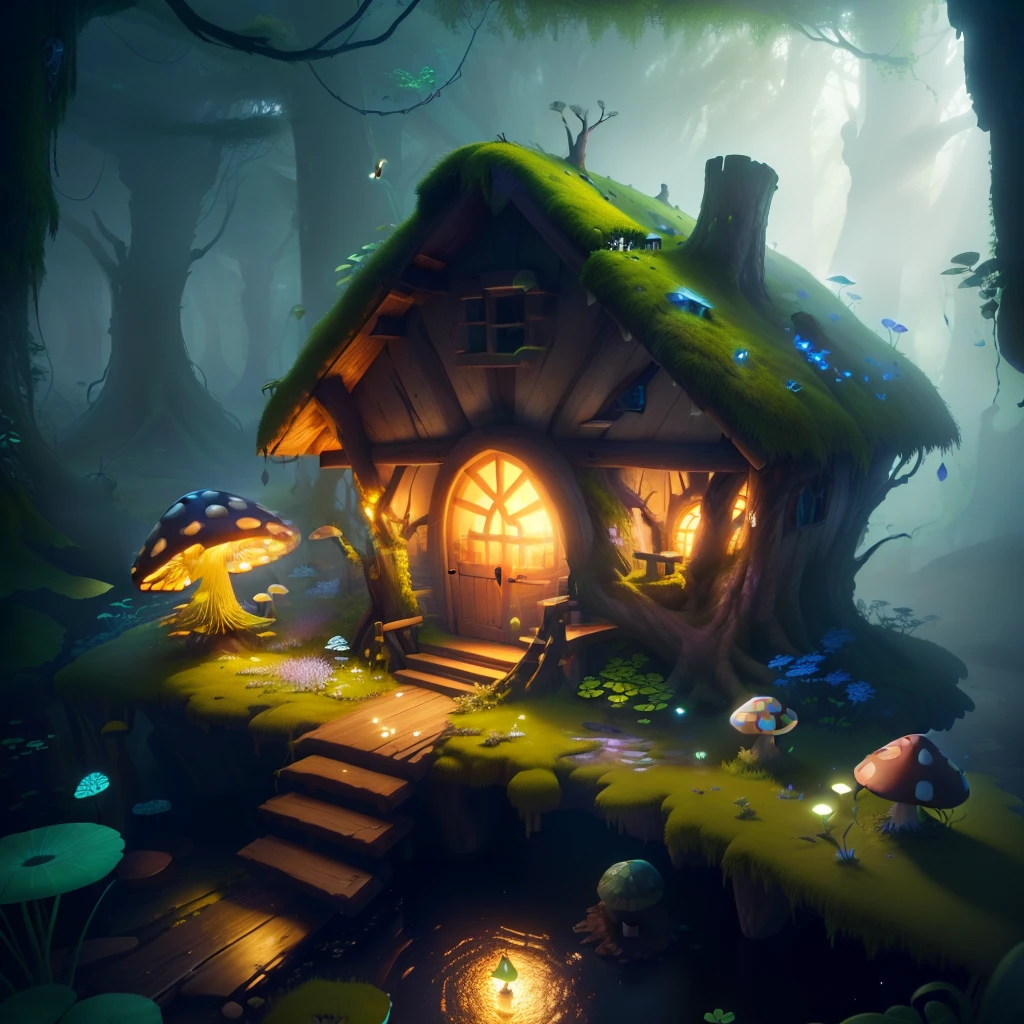 masterpiece, best quality, (extremely detailed CG unity 8k wallpaper), (best quality), (best illustration), (best shadow), A mushroom house covered with moss，creek，firefly，clover，wtarlight surrounds the room，petal, isometric 3D, octane render,ray tracing,ultra detailed，