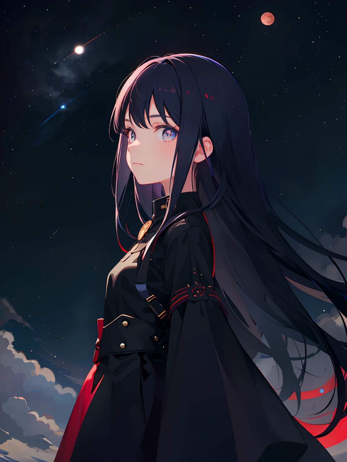 1girl,12 years old,solo, red moon, moon, long hair, looking at viewer, blue eyes 1.5, bangs, upper body, full moon, closed mouth, night, sky, star (sky), black hair, from side, breasts, looking to the side, night sky, blue hair, starry sky,