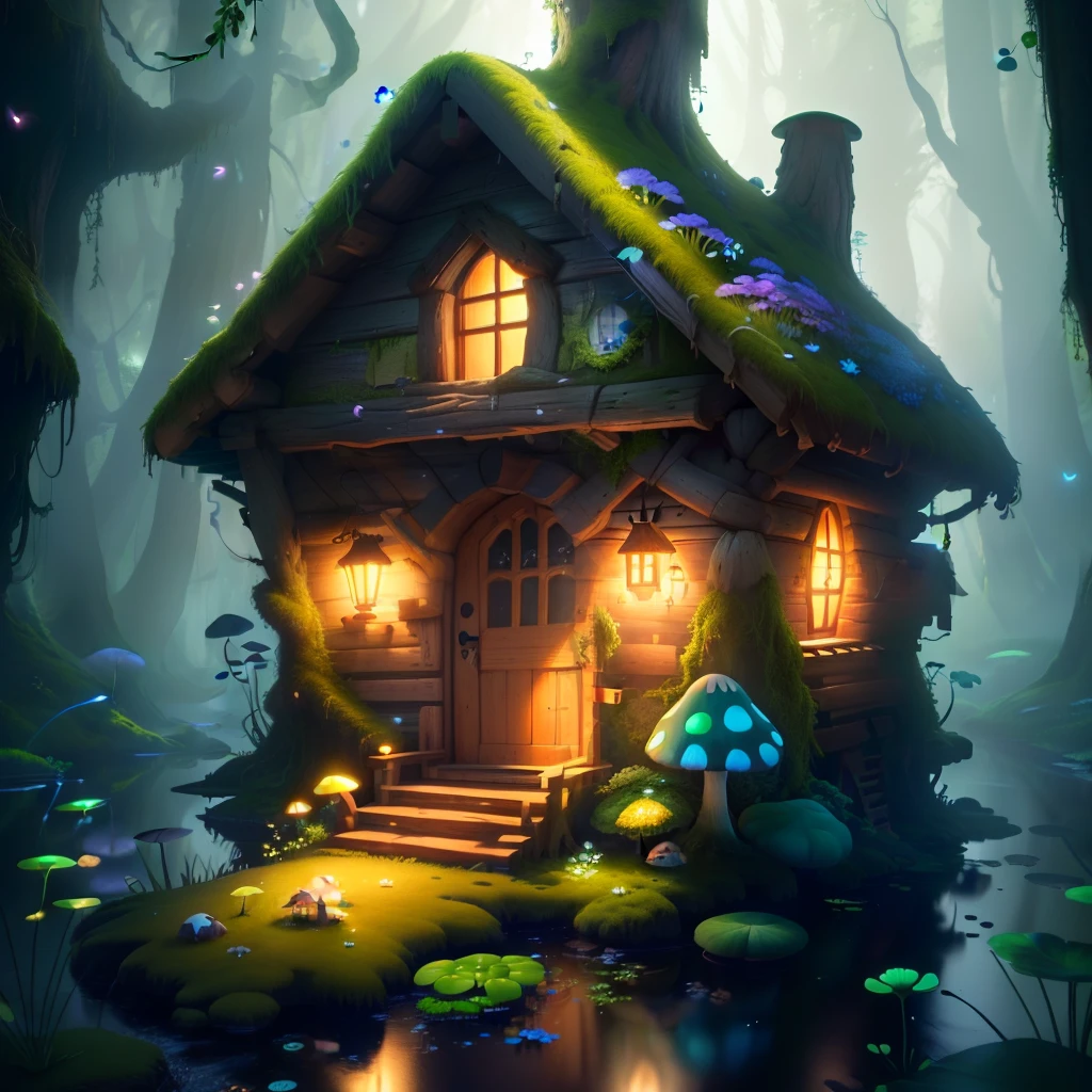 masterpiece, best quality, (extremely detailed CG unity 8k wallpaper), (best quality), (best illustration), (best shadow), A mushroom house covered with moss，dew，timbo，creek，firefly，clover，wtarlight surrounds the room，petal, isometric 3D, octane render,ray tracing,ultra detailed，