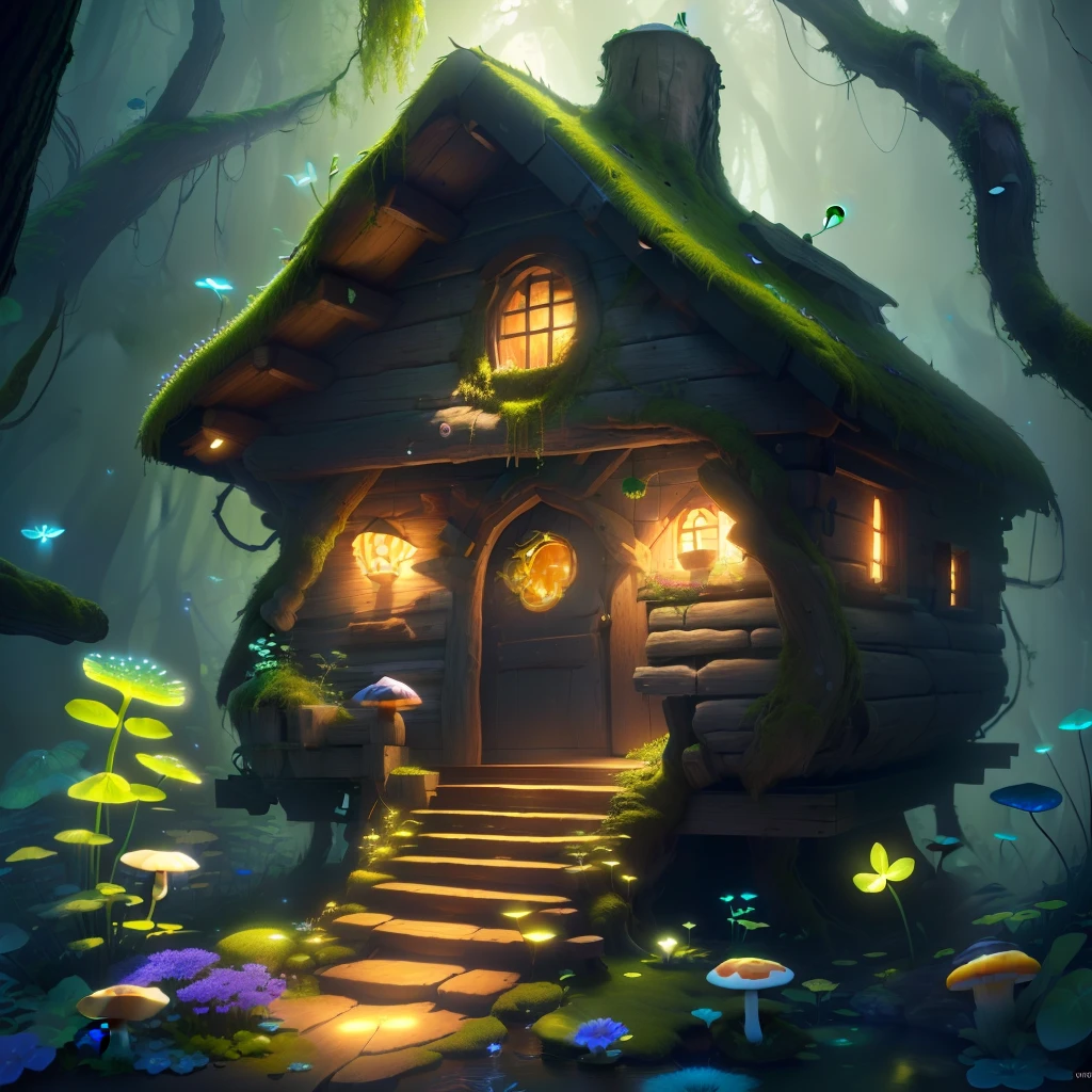 masterpiece, best quality, (extremely detailed CG unity 8k wallpaper), (best quality), (best illustration), (best shadow),( A mushroom house covered with moss),(dew),(timbo),(creek),firefly,clover,wtarlight surrounds the room,petal, isometric 3D, octane render,ray tracing,ultra detailed,
