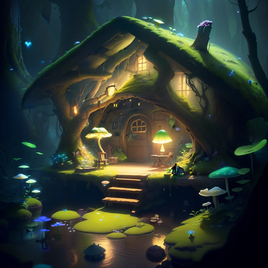 masterpiece, best quality, (extremely detailed CG unity 8k wallpaper), (best quality), (best illustration), (best shadow),（ A mushroom house covered with moss）,(((dew))),（timbo）,（creek）,firefly,clover,wtarlight surrounds the room，petal, isometric 3D, octane render,ray tracing,ultra detailed，