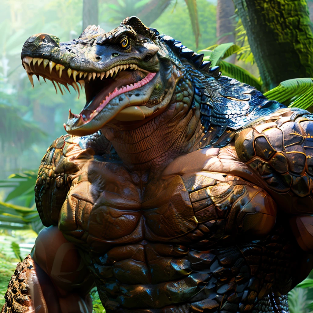 fkingscifi_v2 professional stock photo hyperrealistic very muscular superheavyweight ifbb pro bodybuilder, highly detailed alligator head, very realistic alligator head, (((very small head))), (((drooling))), flexing muscles in a forest, very thick neck, very huge muscles, very large muscles, very huge biceps, very huge traps, very huge quads, very thick arms, very thick legs, very thick torso, very oiled, very sweaty, very veiny, highly detailed, highly detailed alligator scales, textured scales, very glossy scales, highly detailed ???????, highly detailed body, highly detailed muscles, intricate, aesthetics, dslr, vivid, studio lighting, studio quality, 8k, (wide shot), (full body), very ripped abs, very detailed abs, furious expression,sexy,hot,award winning, stunning