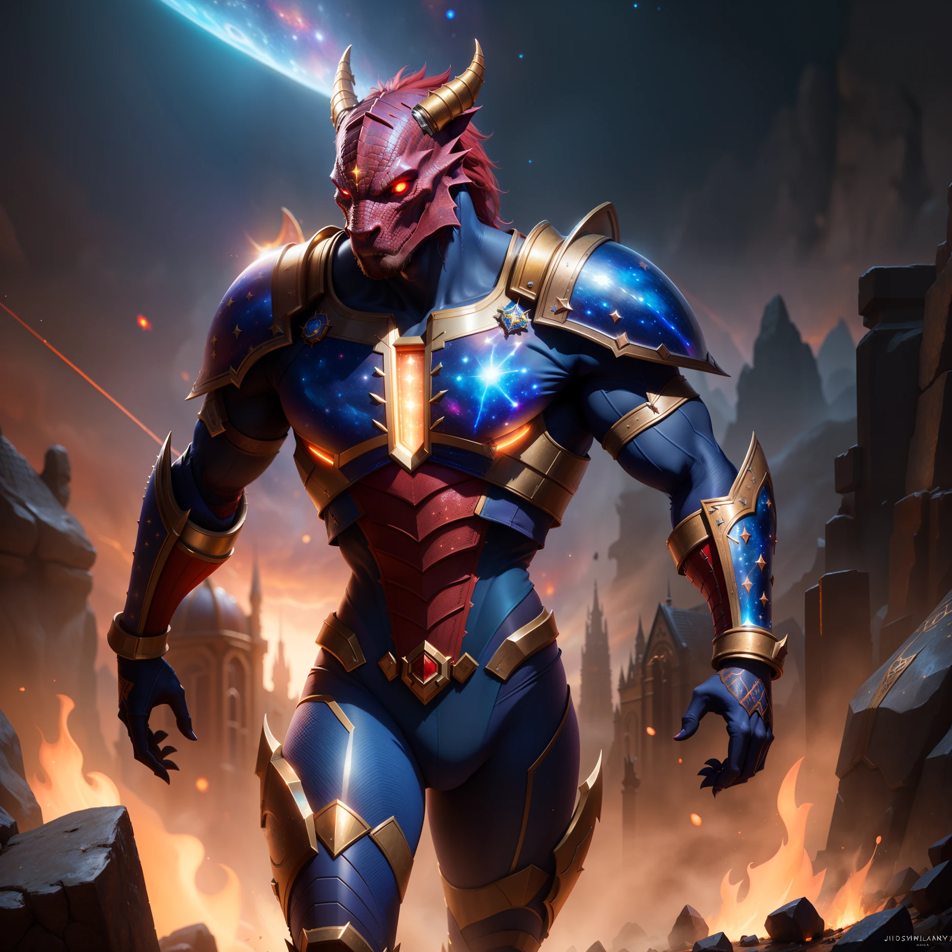 Highly detailed RAW color Photo, red dragonborn male, dynamic pose, (wide hips), (detailed skin), (detailed lips), (detailed eyes), (cosmic:1.4), (necropolis:1.1), (Sci-Fi setting) (detailed face), (curvy), detailed eyes, chromatic aberration, depth of field, soft lighting, masterpiece, best quality, intricate, (lens flare:0.7), (bloom:0.7), particle effects, raytracing, tone mapped, highly detailed, concept art, smooth, sharp focus, dramatic lighting, highly detailed artwork, cinematic, hyper realistic painting, trending on Artstation, 8K, incredible shadows, realistic, (highly detailed background:1.2), art by midjourney