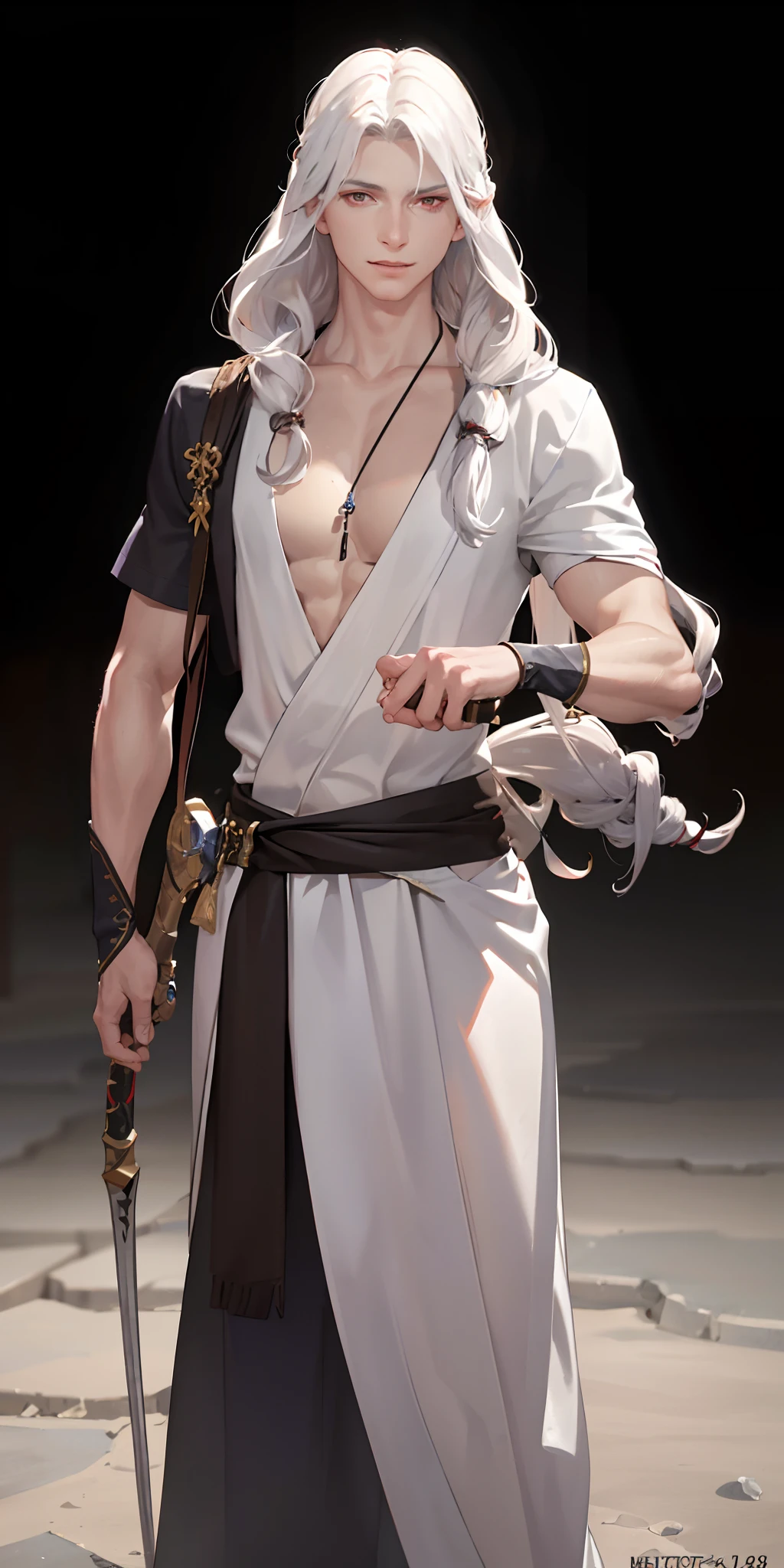 (photorealistic:1.4),best quality,4k, masterpiece,male,thin,muscle,pointed ear,pale gray  skin,long curly white hair,red eyes,smile,bard,DND,two machetes hung at his waist